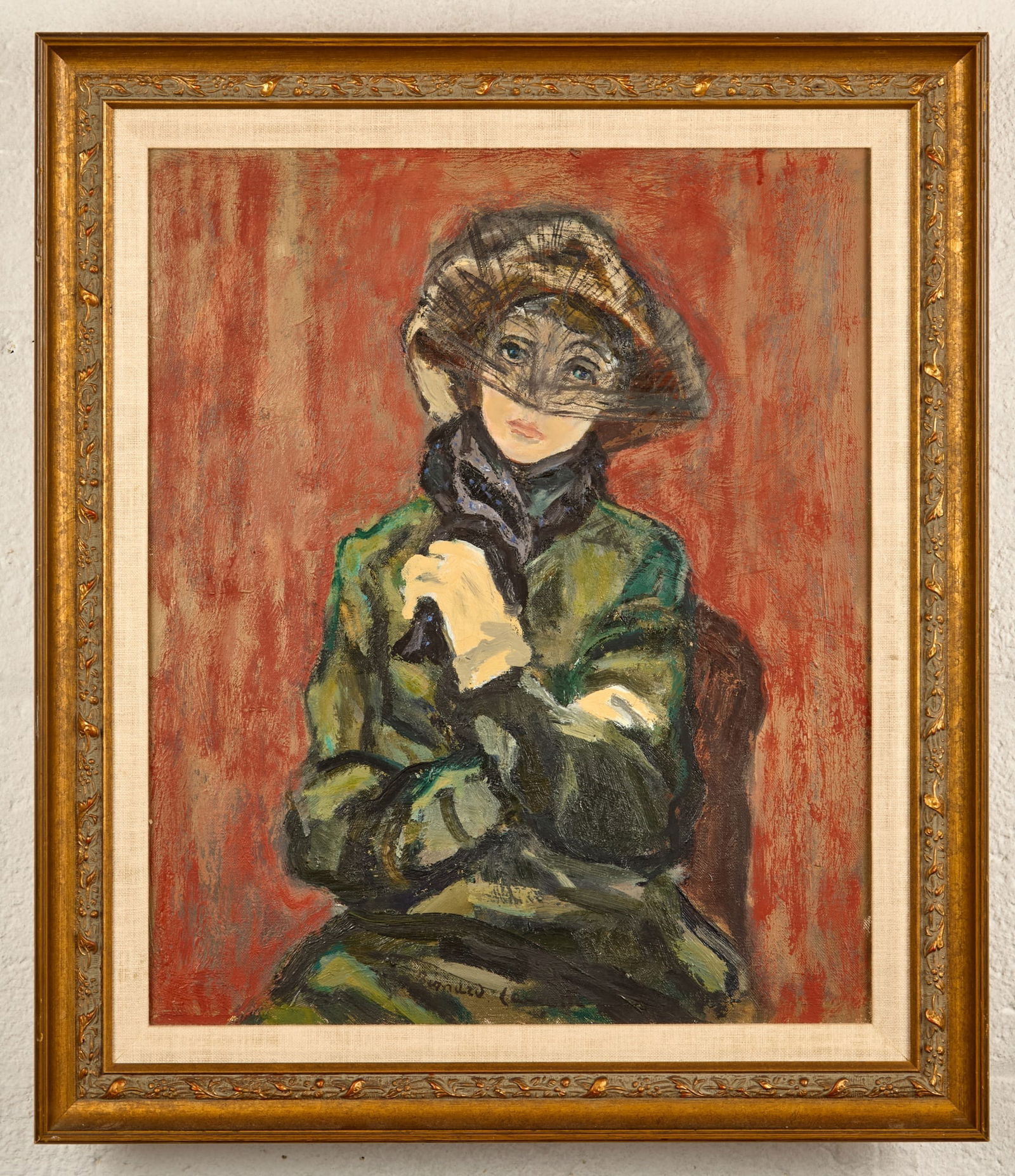 WOMAN in GLOVES and VEILED HAT -BERNARD LAMOTTE: Oil on canvas 18 x 15 inches. signed. framed 22 x 19 inches (overall) Condition: Good Temp No 86