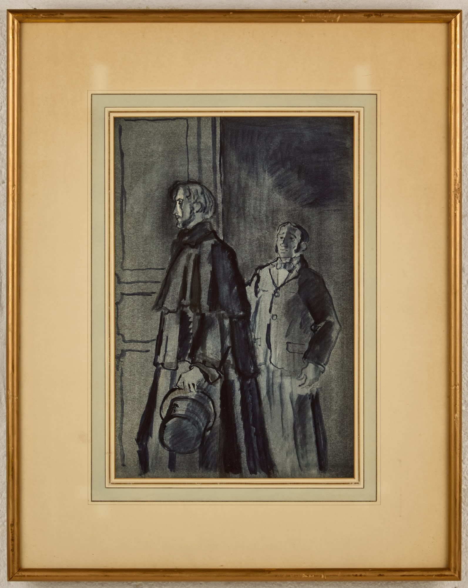 DEPARTING GENTLEMAN - BERNARD LAMOTTE: Ink wash / watercolor on paper. 14 x 9 inches. unsigned. framed 22 x 17 inches (overall) Condition: Good Temp No 89