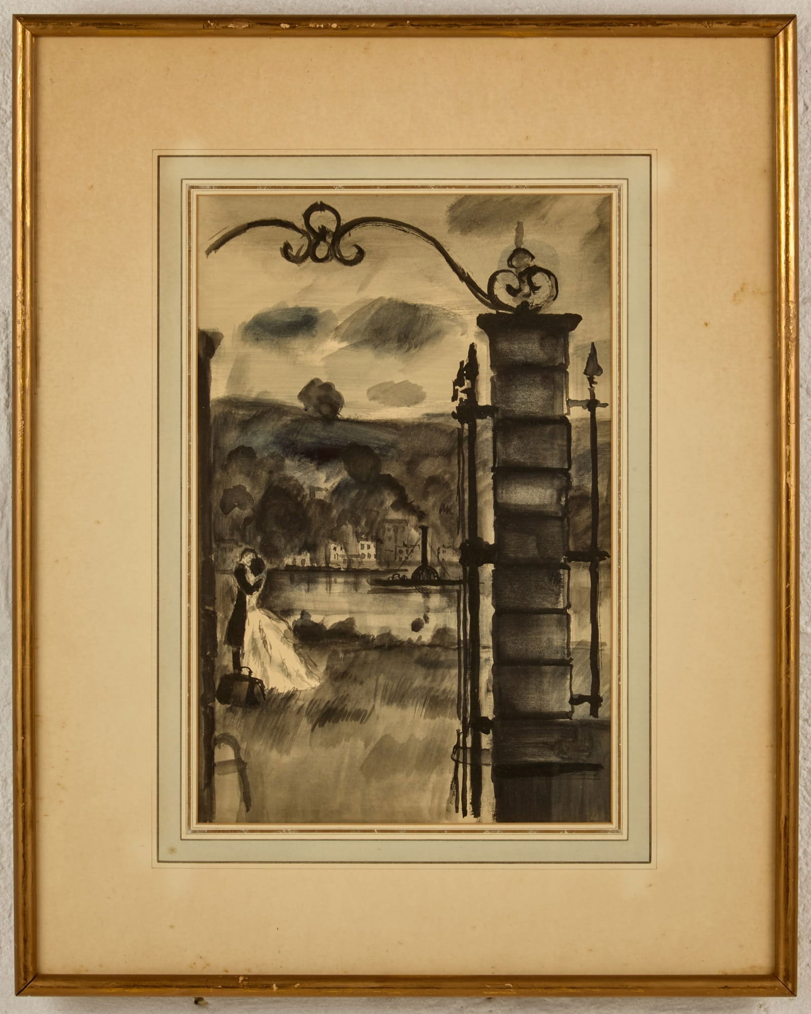 THE FAREWELL KISS - BERNARD LAMOTTE (1903-1983): Ink wash / watercolor on paper. 11 3/4 x 9 inches. unsigned. framed 22 x 17 inches (overall) Condition: Good Temp No 92