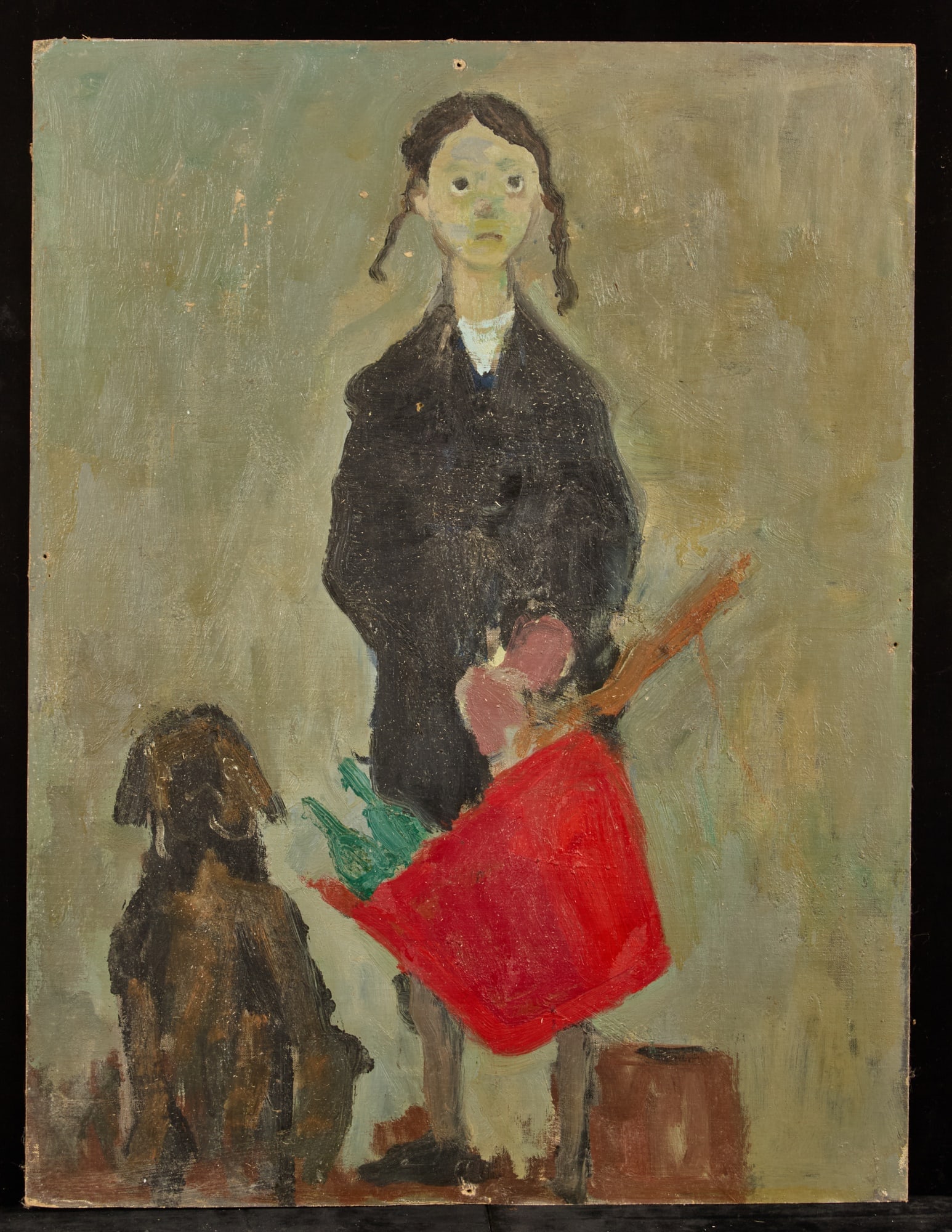GIRL and DOG with GROCERIES - BERNARD LAMOTT: Oil on paper board 23 1/4 x 18 inches. unsigned. unframed Condition: Minor abrasions, tack holes, bloom Temp No 110