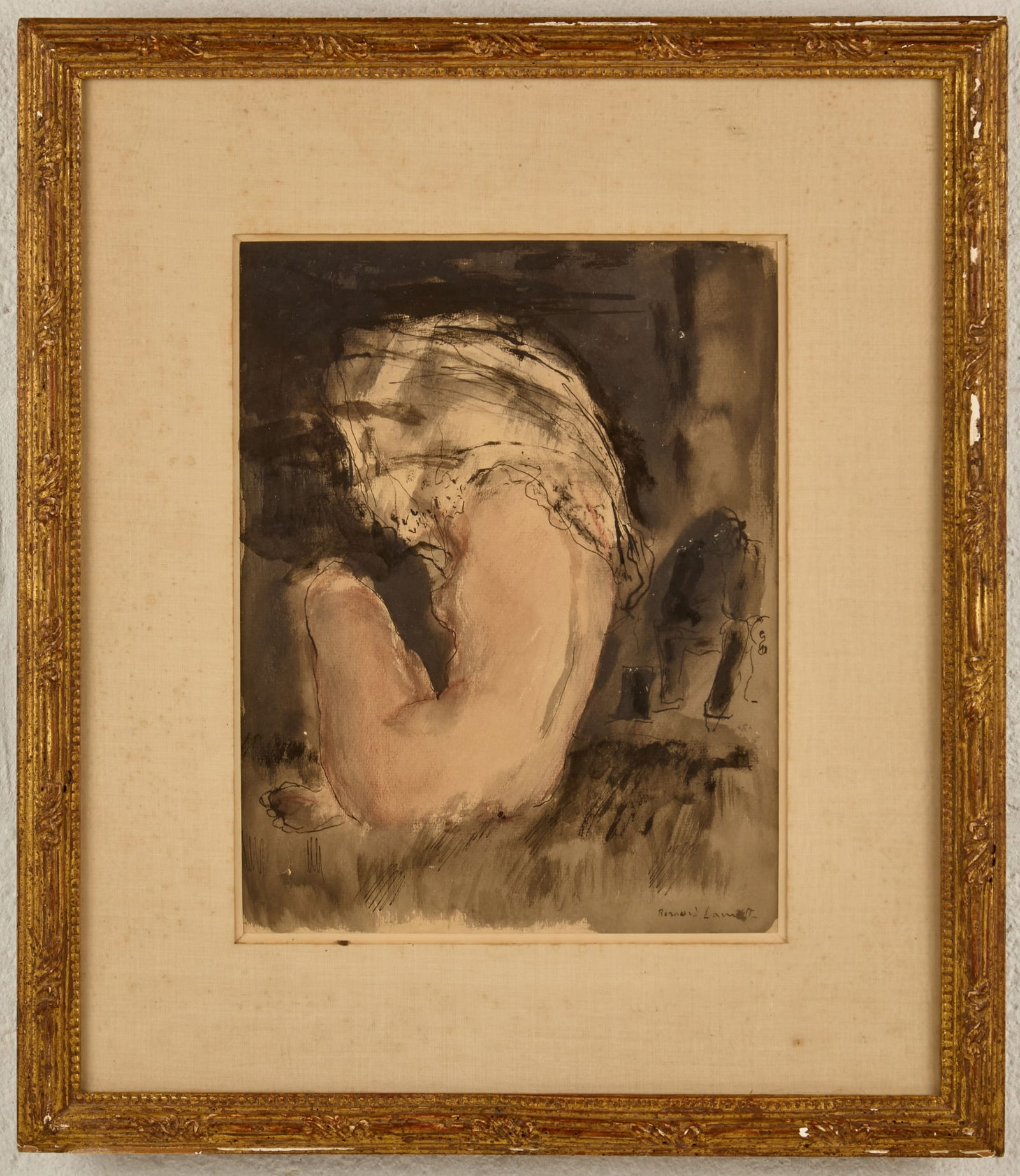 UNDRESSING - BERNARD LAMOTTE (190301983): Watercolor and ink wash on paper 12 x 9 1/2 inches signed. custom framed 20 x 17 1/2 inches (overall) Condition: Minute abrasions Temp No 112