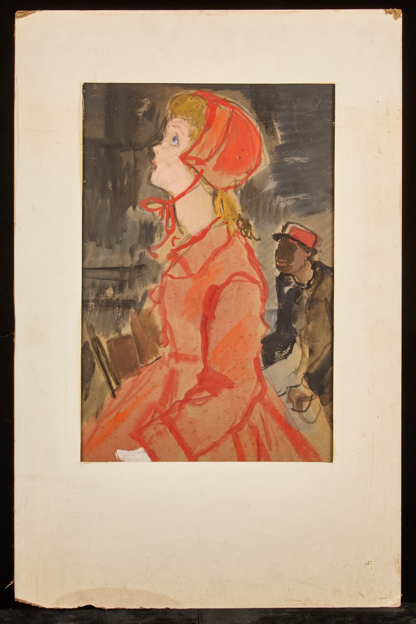 YOUNG GIRL in a RED COAT - BERNARD LAMOTTE: Gouache on paper board 16 1/2 x 11 inches. unsigned. matted 26 x 17 inches (overall) Condition: Foxing Temp No 113
