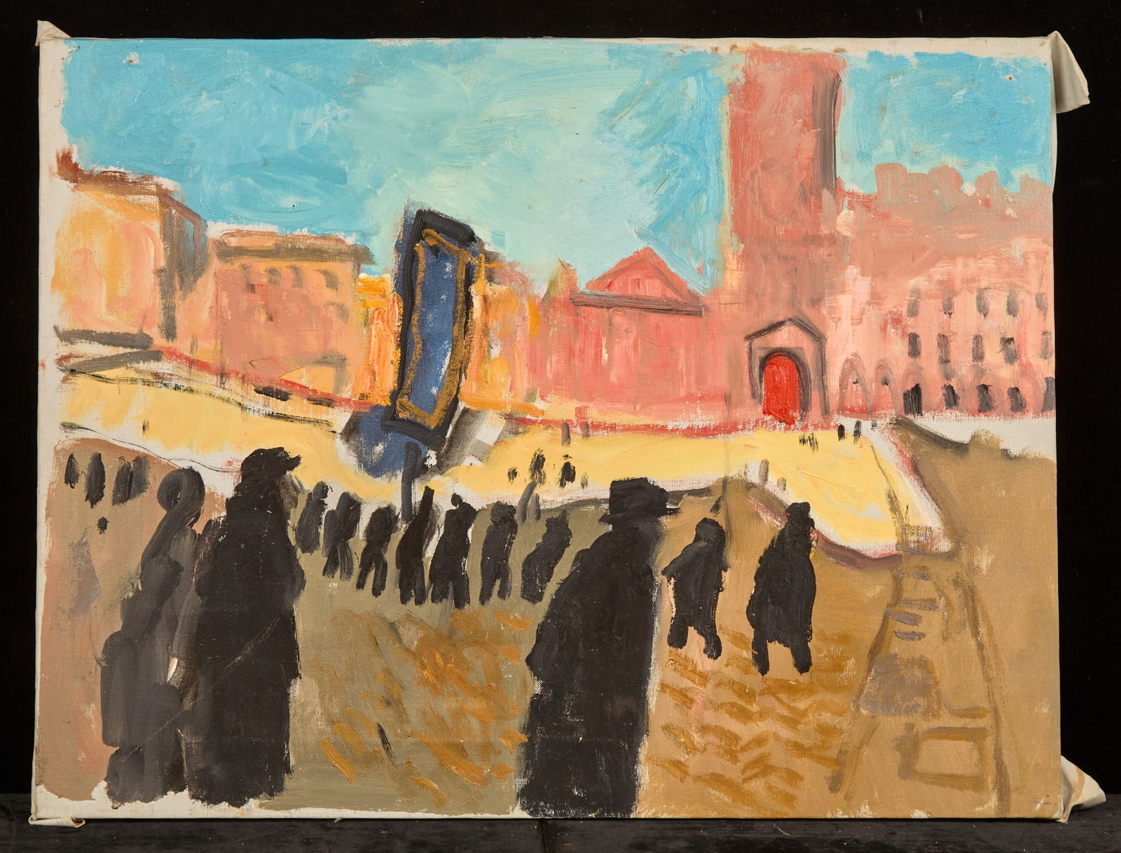 PLAZA GATHERING - BERNARD LAMOTTE: Oil on canvas 18 x 24 inches. estate stamp verso. unframed. Condition: Good Temp No 126