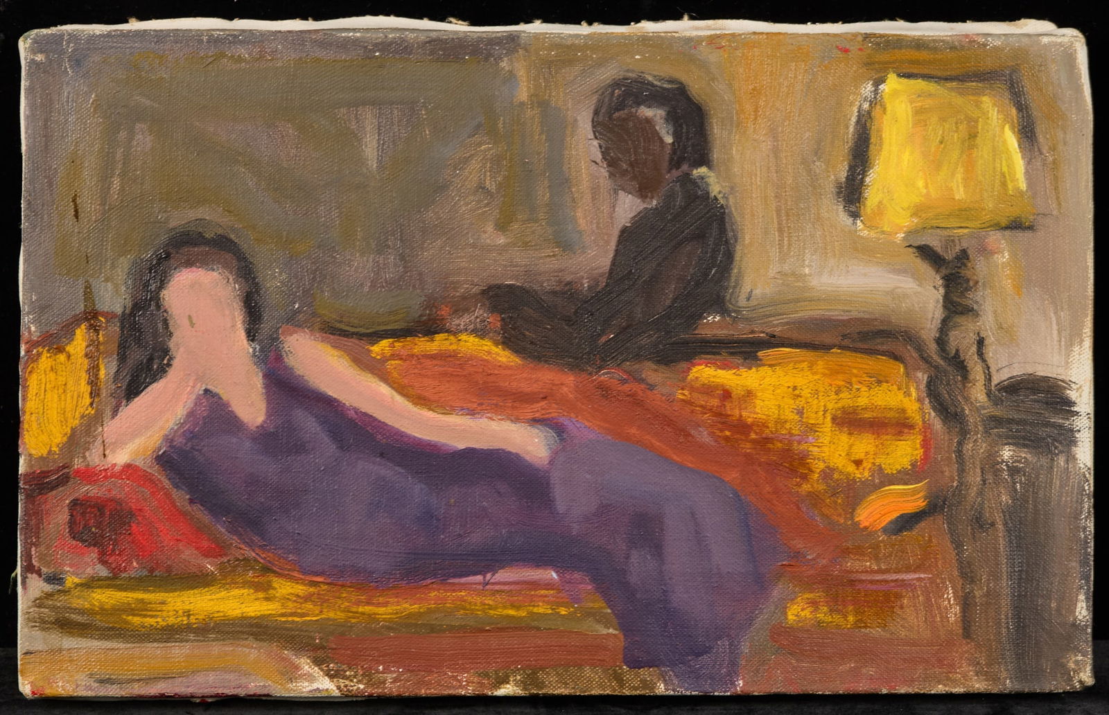 RELAXING on the CHAISE LOUNGE - BERNARD LAMOTTE: Oil on canvas 8 x 13 inches. estate stamped. unframed Condition: Good Temp No 139