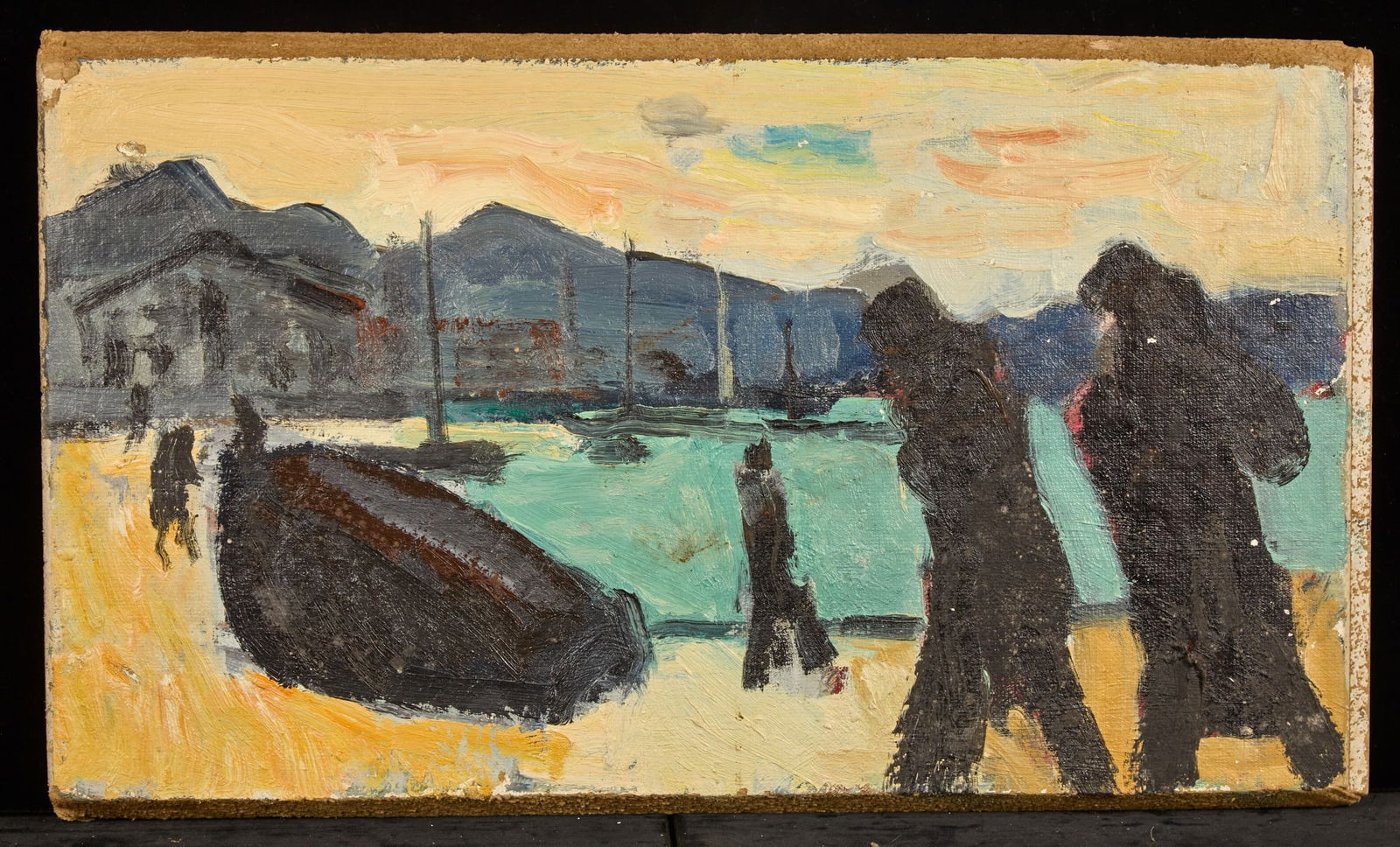 BACKLITE FIGURES at the BEACH - BERNARD LAMOTTE: Oil on thick ceiling panel 13 x 23 inches. unsigned. unframed Condition: Minor scattered pigment loss Temp No 146