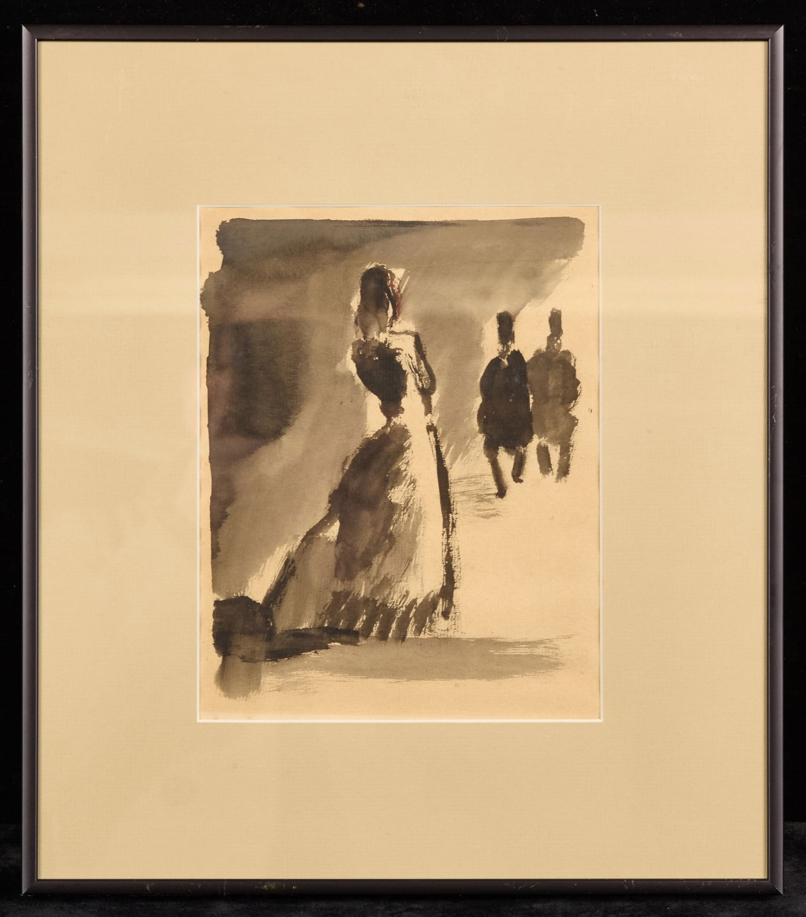APPROACHED by MEN in TOPHATS - BERNARD LAMOTTE: Watercolor and ink wash. 8 x 6 1/4 inches. unsigned. framed 13 1/2 x 12 inches (overall) Condition: Good Temp No 151