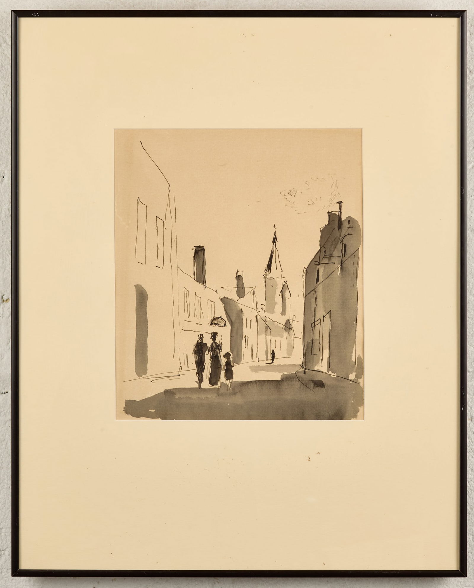 MIDDAY STROLL - BERNARD LAMOTTE (1903-1983): Pen and ink and ink wash. 10 x 8 3/4 inches. unsigned. framed 20 x 16 inches (overall) Condition: Good Temp No 156