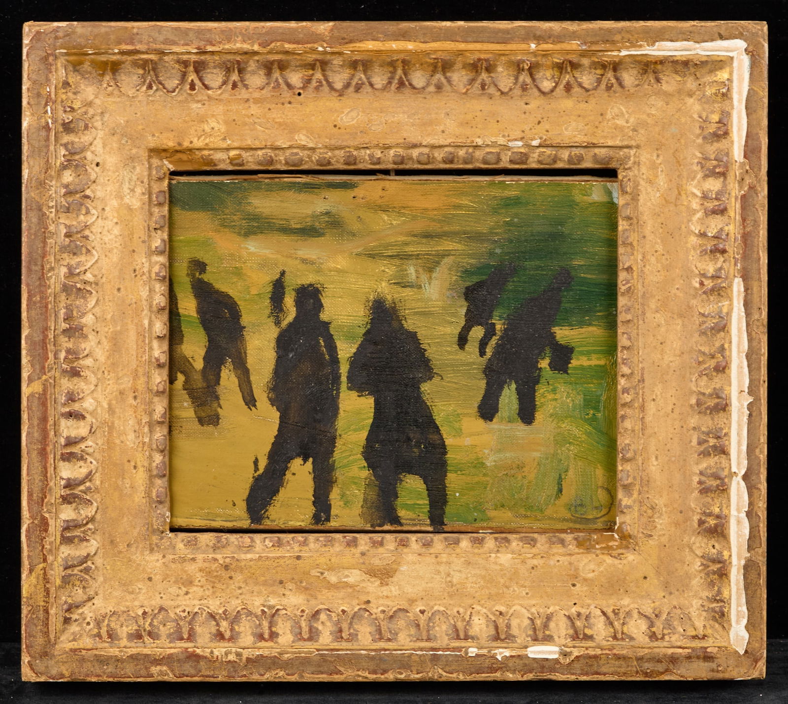 BACKLIT PEDESTRIANS - BERNARD LAMOTTE (1903-1983): Oil on canvas laid to paperboard 5 x 7 inches. signed. framed 9 1/2 x 10 1/2 inches (overall) Condition: Tack holes, surface grime Temp No 157