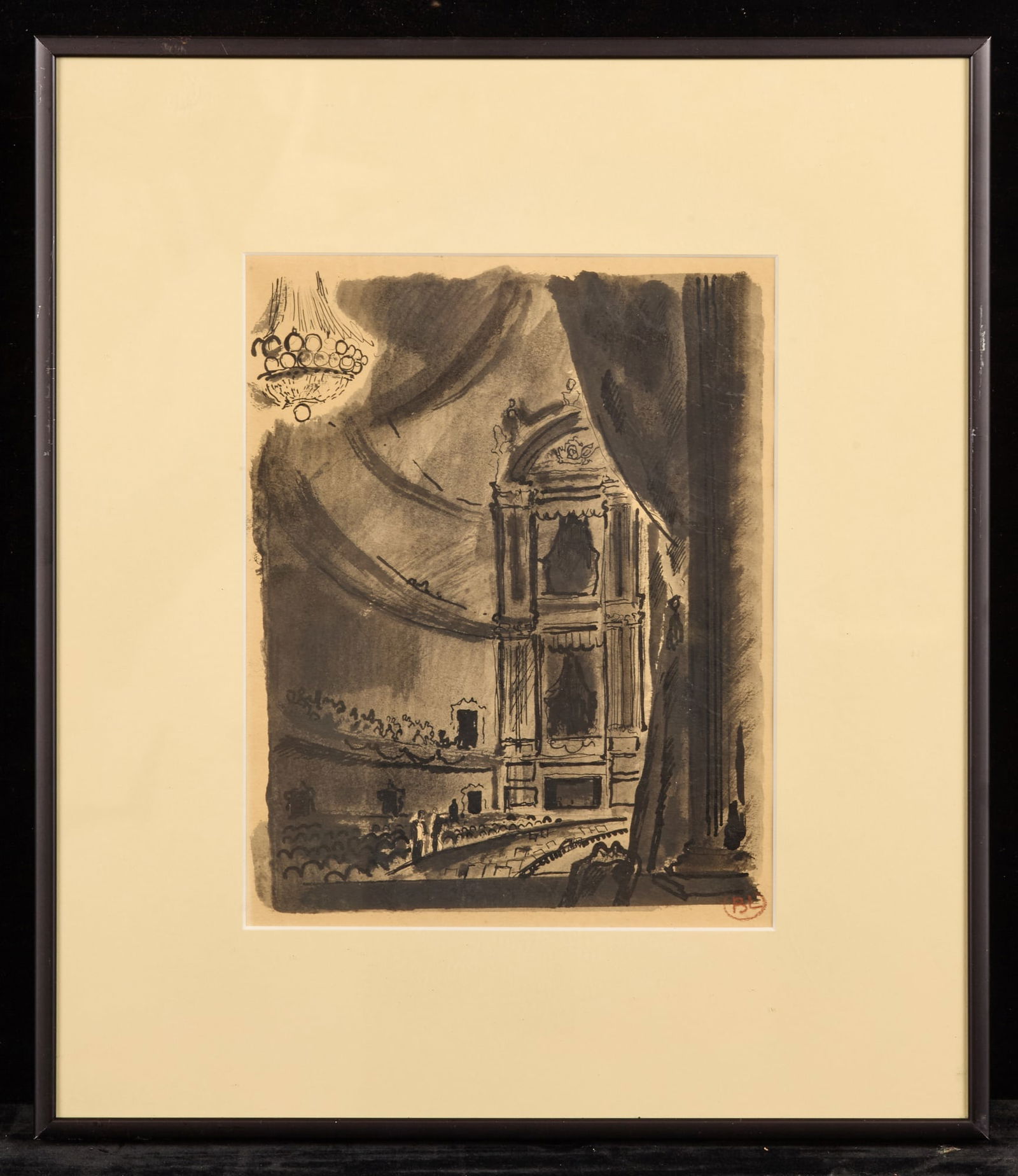 THEATRE with GRAND CHANDELIER - BENARD LAMOTTE: Pen and ink, ink wash 8 x 6 1/4 inches. signed. framed 13 x 11 inches (overall) Condition: Good Temp No 162