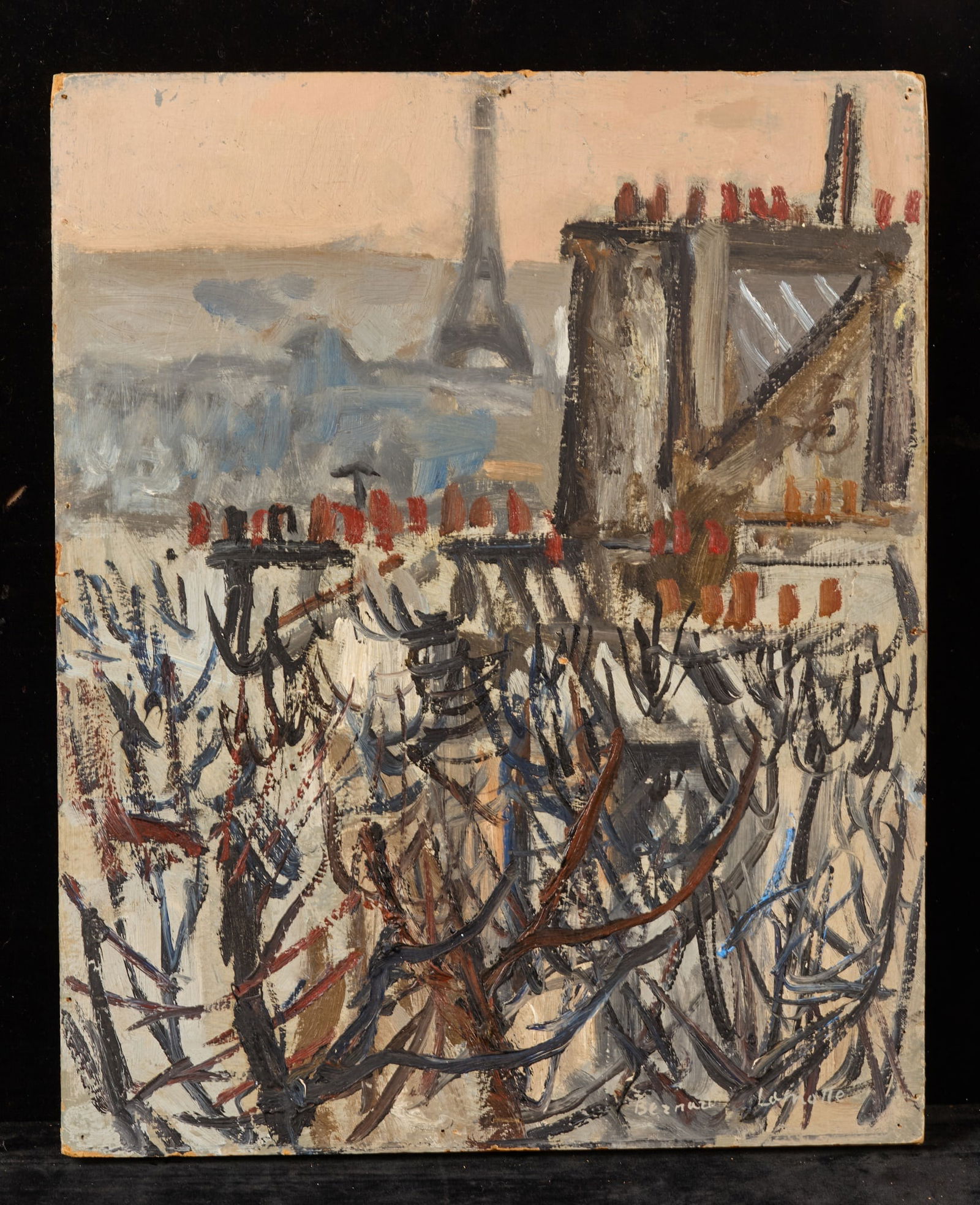 ROOFTOP VIEW of PARIS - BERNARD LAMOTTE: Oil on paperboard mounted to stretcher 16 x 13 inches. signed. unframed Condition: Tack holes to edges, surface grime Temp No 167