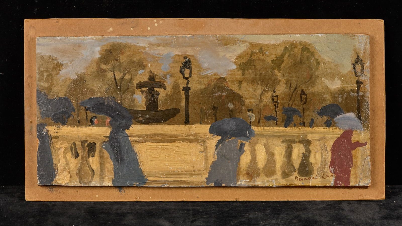 RAINY DAY with UMBRELLAS - BERNARD LAMOTTE: Oil on paperboard laid to panel 6 1/2 x 14 inches. signed. unframed Condition: Scattered losses Temp No 168