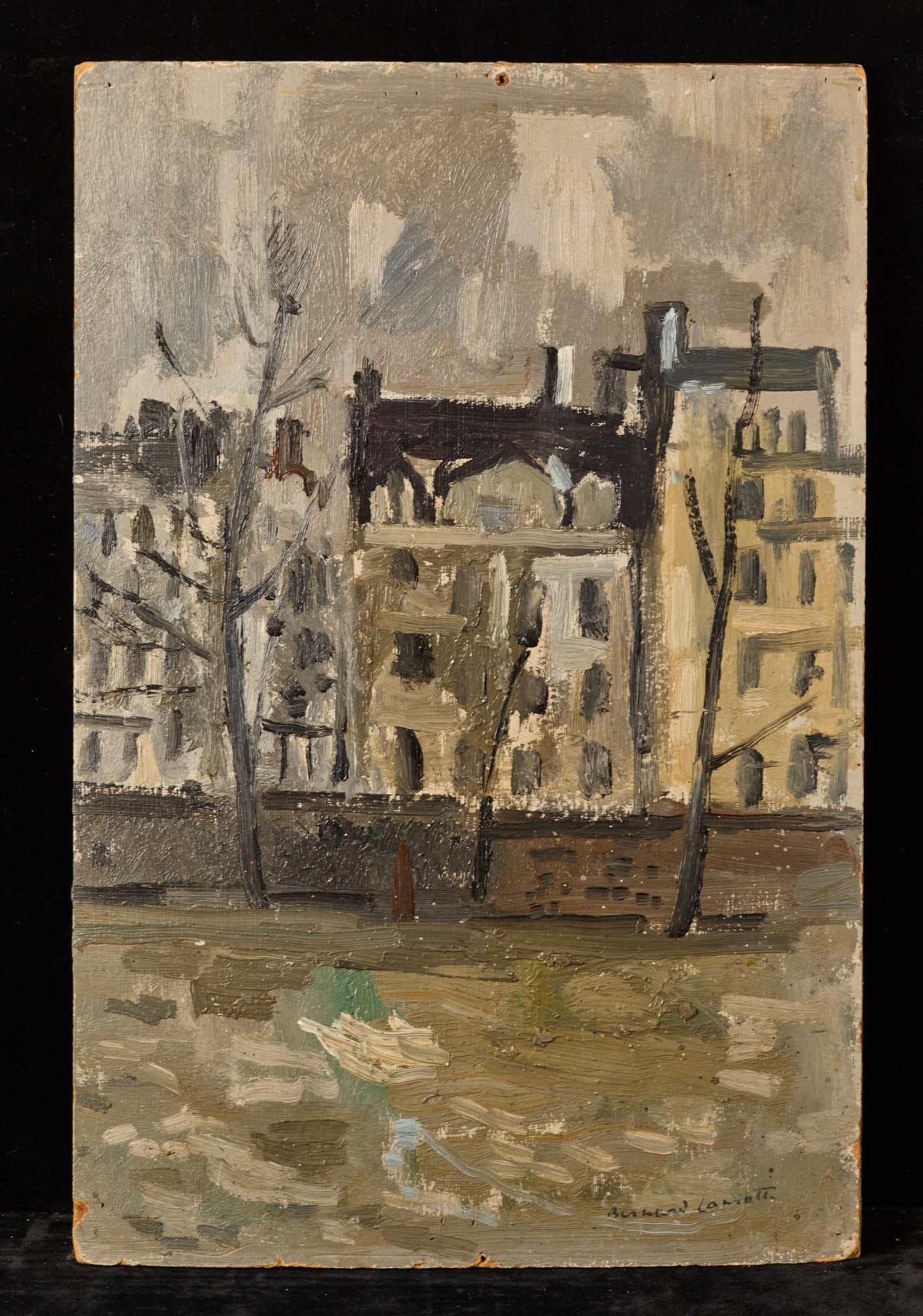 HOMES ALONG the SEINE - BERNARD LAMOTTE: Oil on paperboard 16 x 10 1/2 inches. signed. Condition: Tack holes to edges Temp No 171