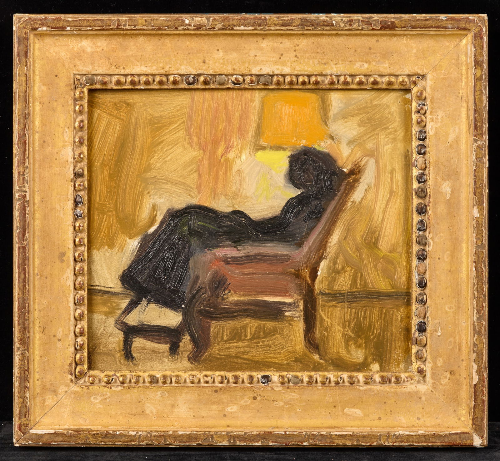 SEATED BACKLIT WOMAN with LAMP - BERNARD LAMOTTE: Oil on panel 7 x 8 inches. estate stamp. framed 10 x 11 inches (overall). Provenance: Vose Galleries Condition: Good Temp No 172