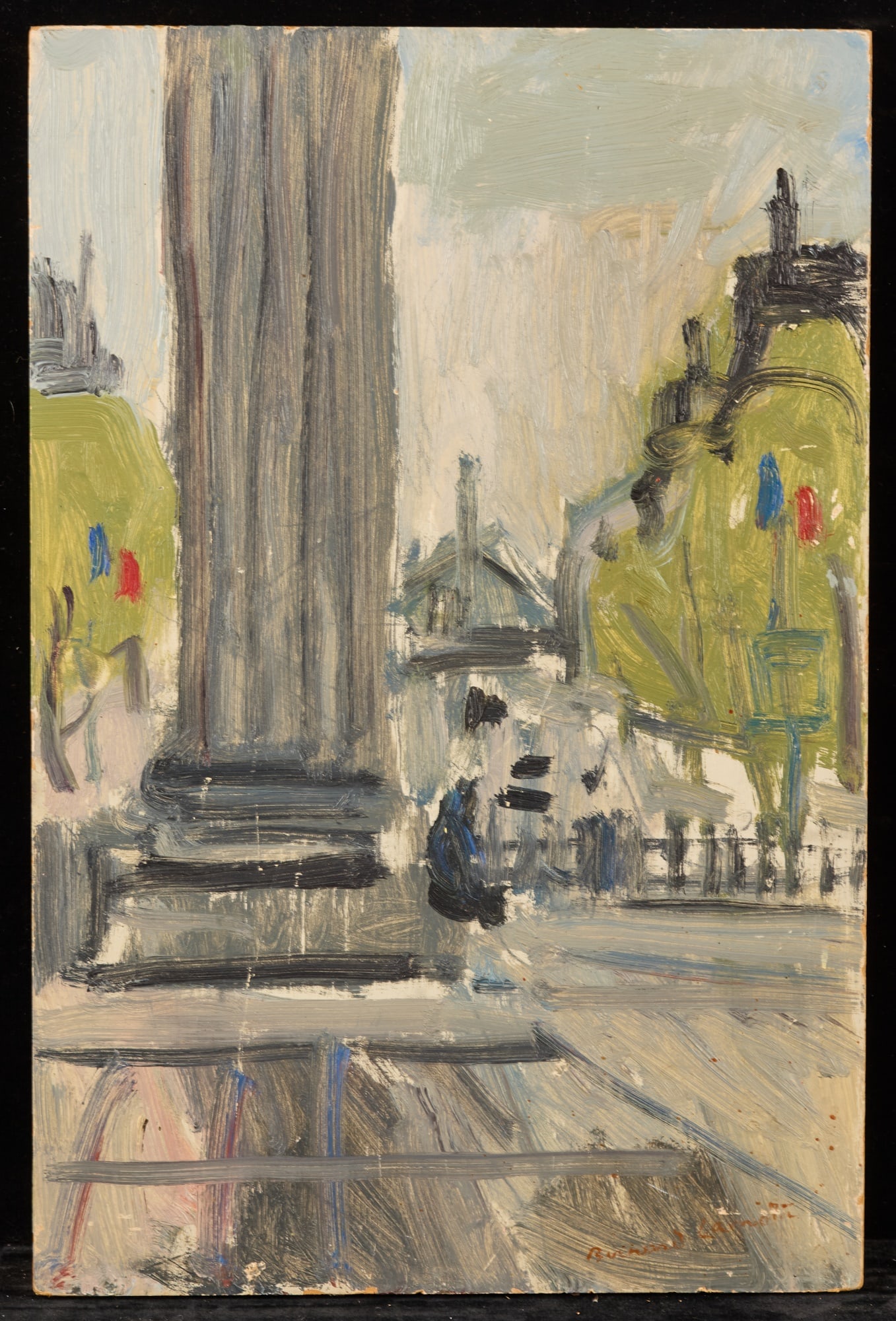 LE TRICOLORE from the PARK - BERNARD LAMOTTE: Oil on paperboard laid to a second. 16 x 13 inches. signed. unframed Condition: Wear to edges, cupping to support Temp No 183