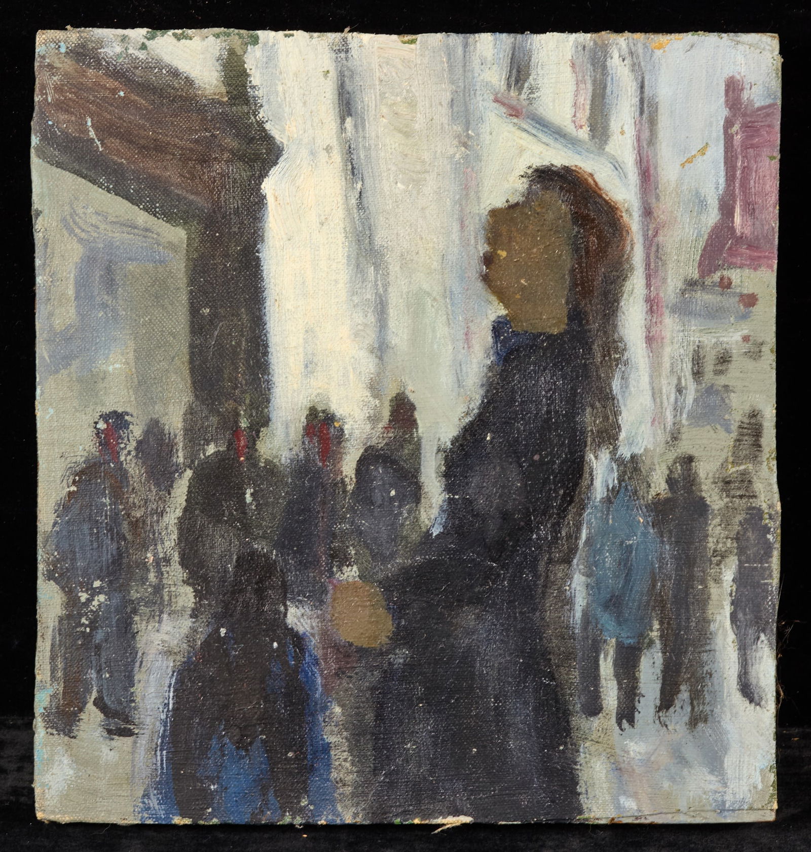 BUSY CITY SIDEWALK - BERNARD LAMOTTE (1903-1983): Oil on canvas laid to plywood 9 1/2 x 9 inches Condition: Scattered minute losses Temp No 186