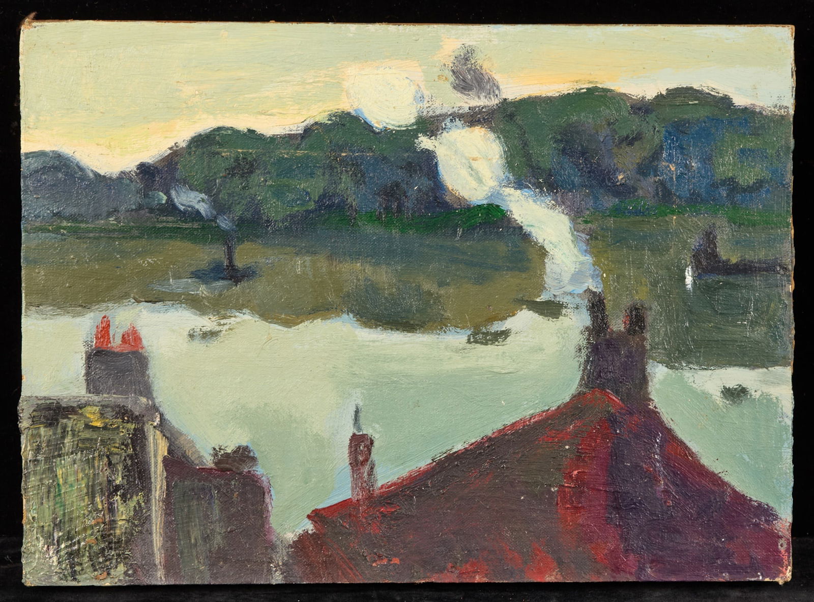 OVERLOOKING BOATS on a RIVER - BERNARD LAMOTTE: Oil on paperboard laid to strainer 10 x 14 inches. unsigned. Condition: Surface grime Temp No 188
