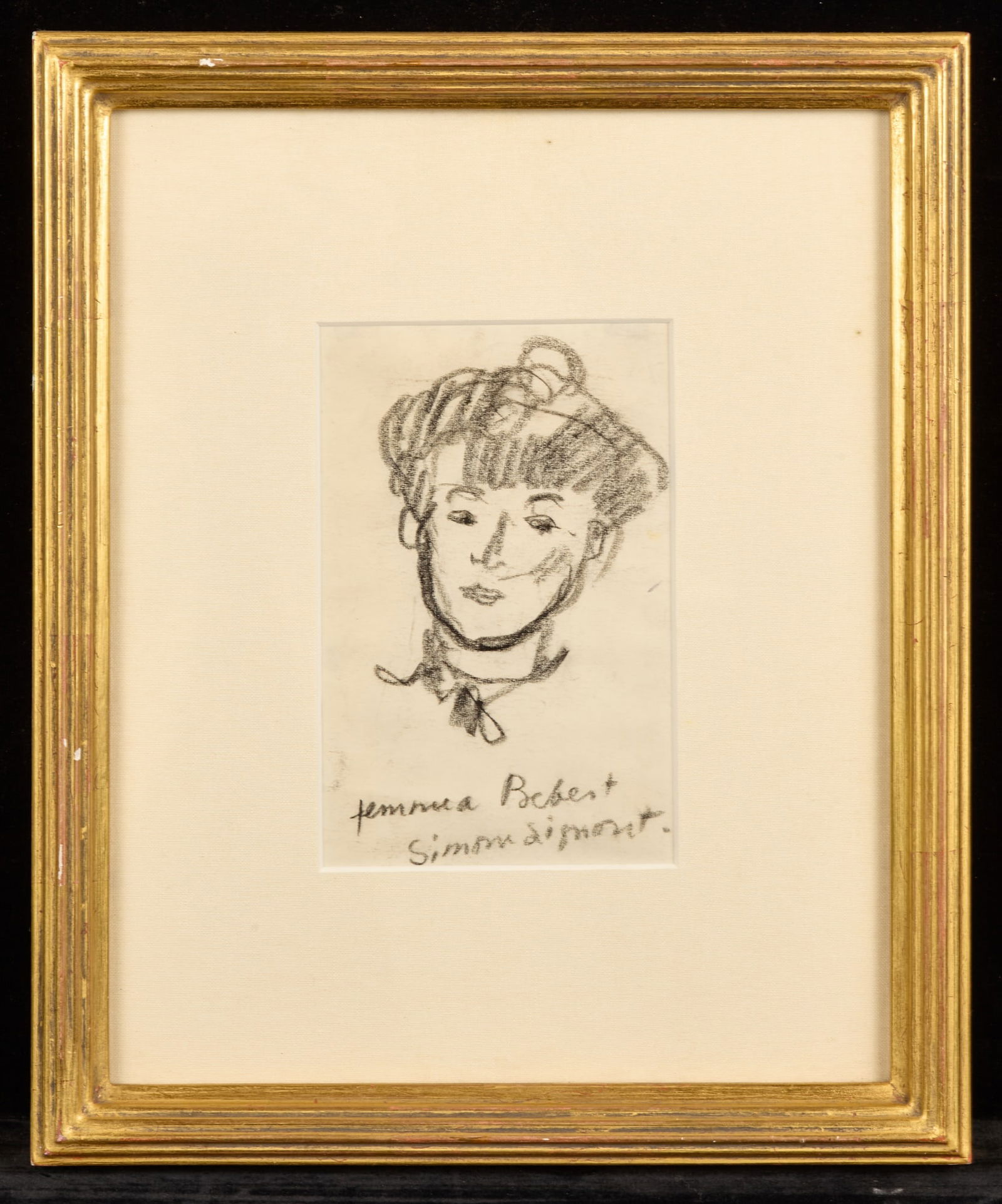 FRENCH ACTOR "SIMONE SIGNORET - BERNARD LAMOTTE: Crayon on paper 5 1/2 x 3 3/4 inches. estate stamp. presented in a custom gilt frame 12 x 10 inches (overall) Provenance: Vose Galleries Boston Condition: Good Temp No 190