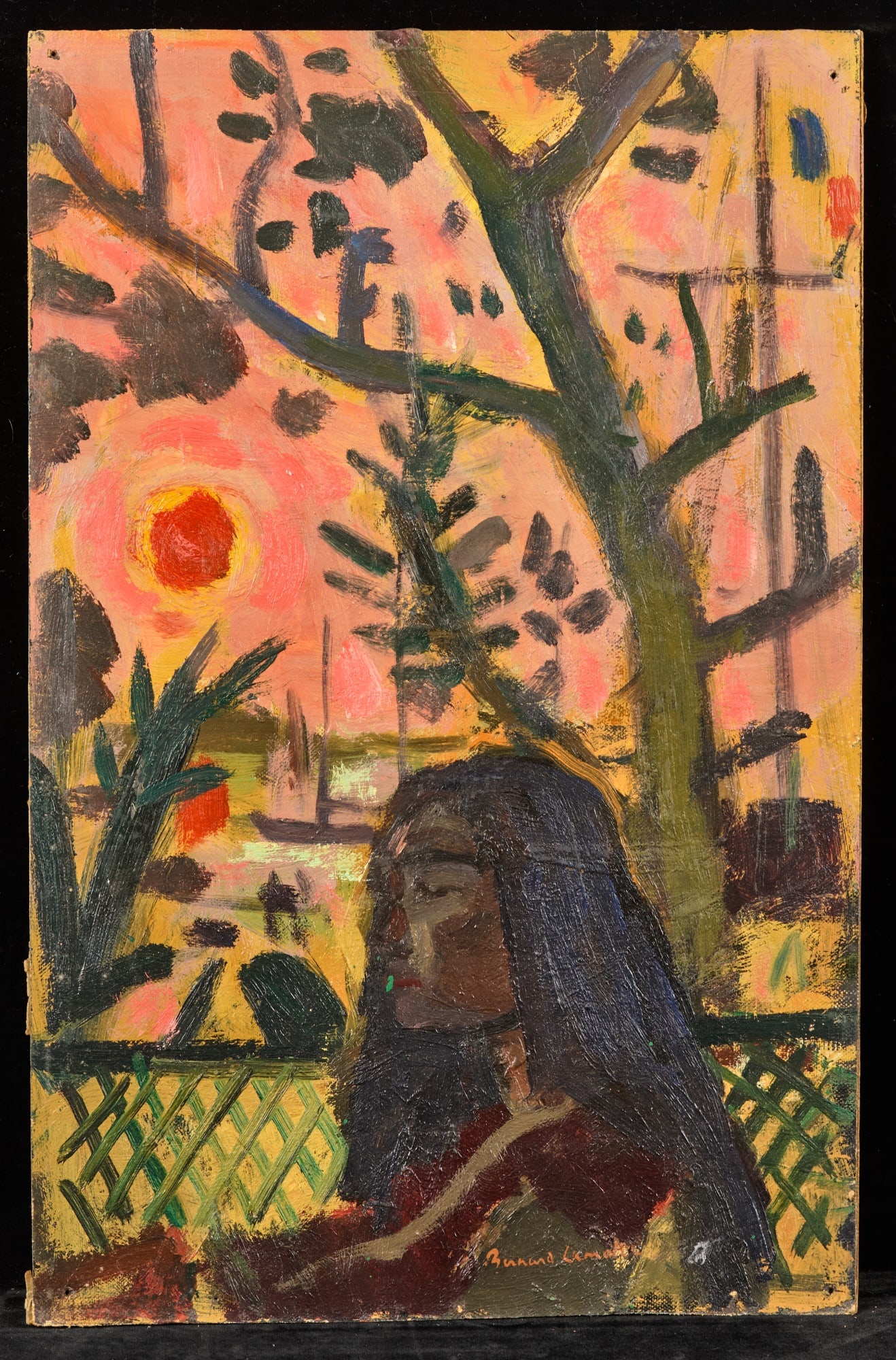 WHARF / BOUGANVILLE, NEW GUINEA -BERNARD LAMOTTE: Oil on canvas laid to paperboard 16 x 10 1/2 inches. signed. unframed. Provenance: Palm Beach Galleries, Palm Beach Condition: Good Temp No 199