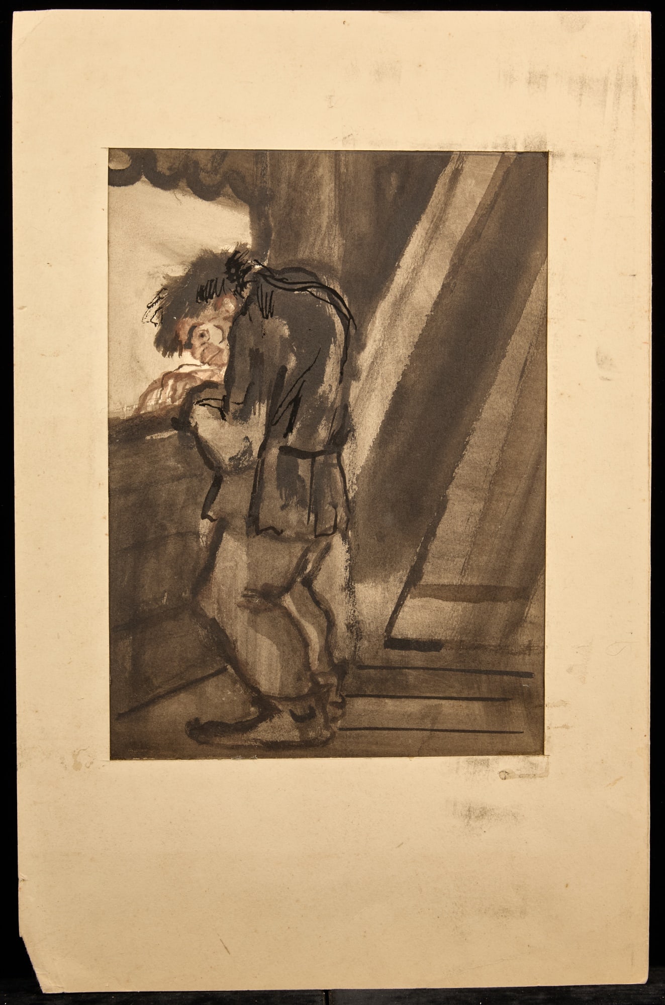 QUASIMODO / HUNCHBACK SERIES - BERNARD LAMOTTE: Watercolor and ink wash on paper 12 x 9 inches. estate stamp. matted 20 x 13 inches (overall) Condition: Good Temp No 203