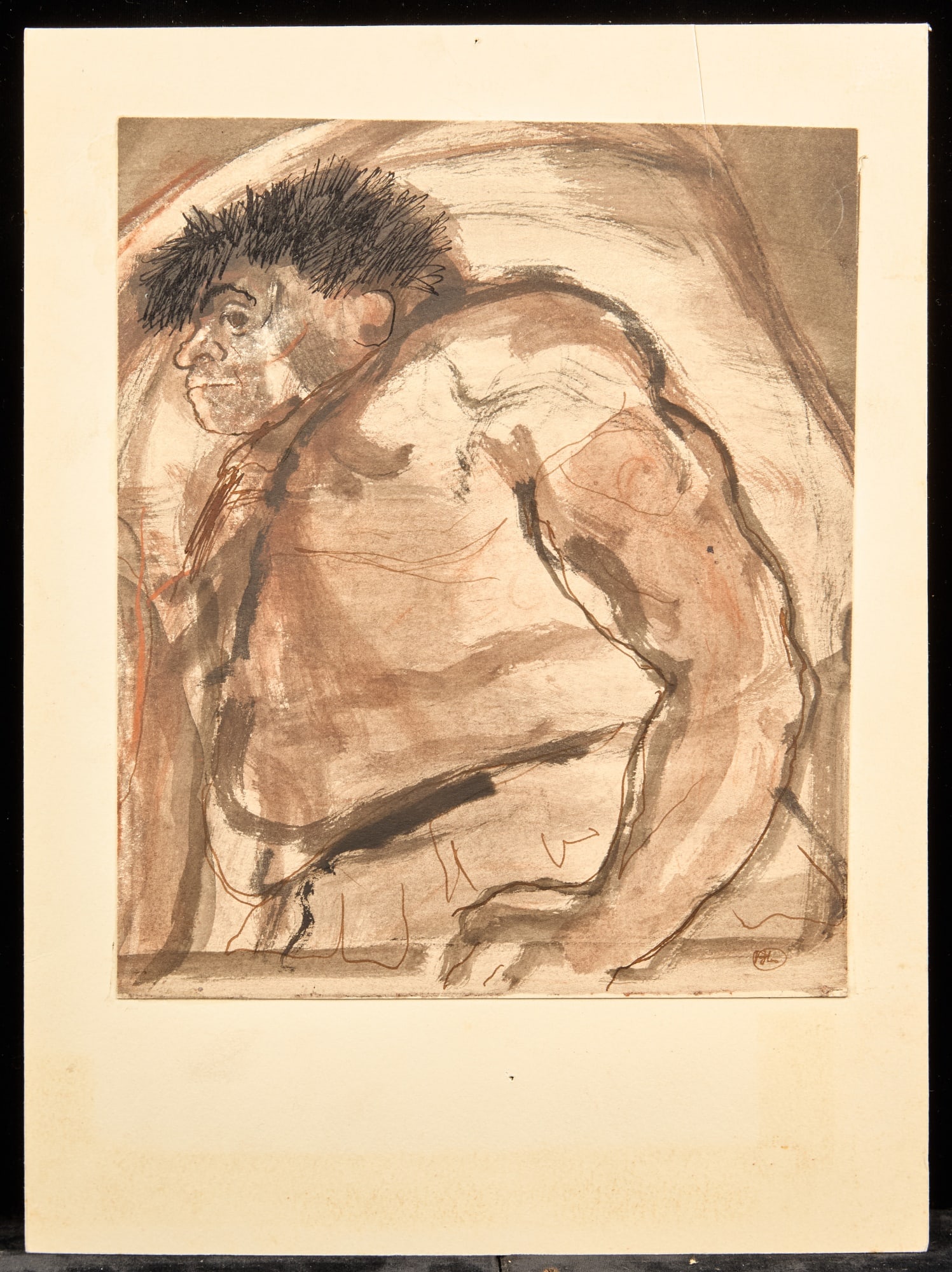 QUASIMODO / HUNCHBACK SERIES - BERNARD LAMOTTE: Watercolor, pen and ink and ink wash on paper laid to paperboard 9 1/2 x 8 inches. signed and estate stamp. 13 x 10 inches (overall) Condition: Good, small cut upper right to edge Temp No 206