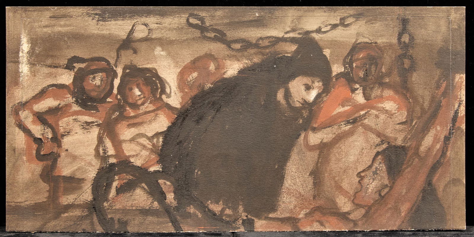 TORTURE SCENE / HUNCHBACK SERIES - BERNARD LAMOTTE: Watercolor and ink wash on paper 6 1/2 X 13 1/2 inches. estate stamp. Condition: Good, wear to pigment left edge Temp No 207