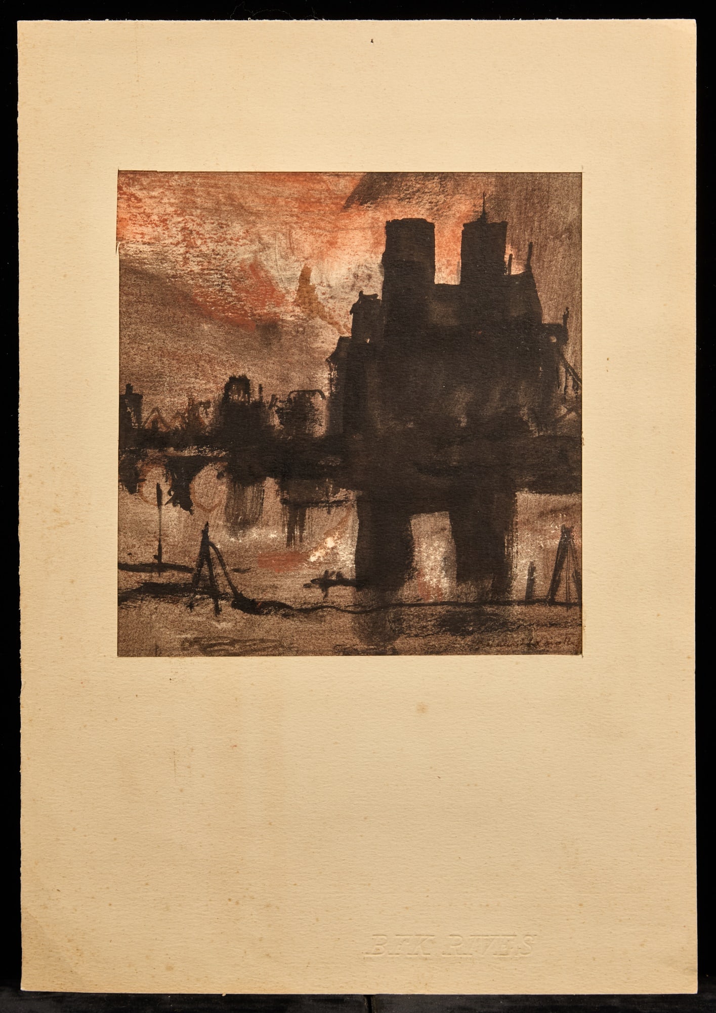 NOTRE DAME / HUNCHBACK SERIES - BERNARD LAMOTTE: Watercolor and ink wash on paper 7 1/2 x 7 inches notations for book and estate stamp. matted 15 x 10 1/2 inches (overall). Condition: Good Temp No 208