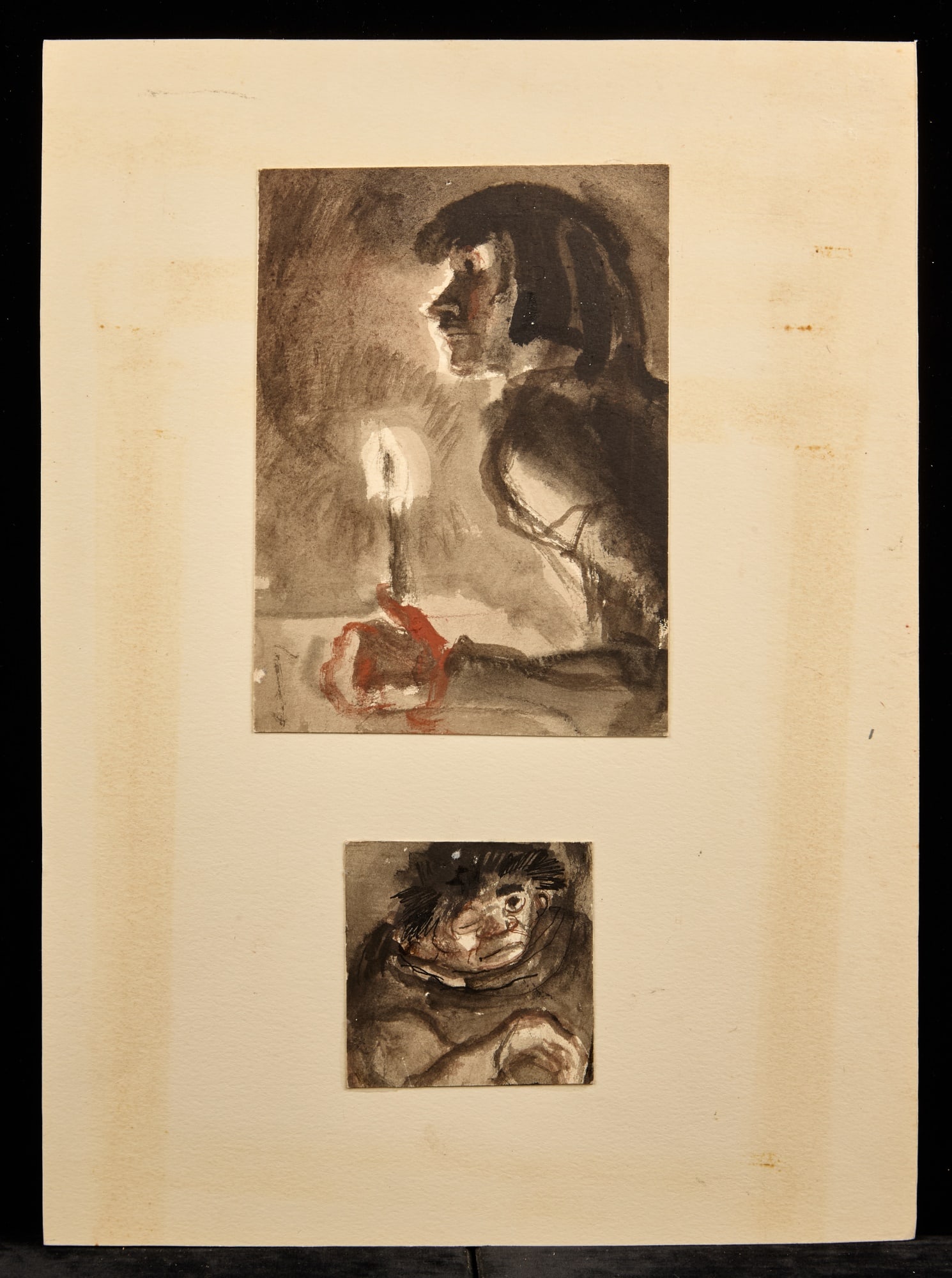 TWO WORKS / HUNCHBACK SERIES - BERNARD LAMOTTE: Watercolor and ink wash on paper 6 3/4 x 5 and 3 x 3 inches. estate stamp. laid to paper 14 1/2 X 10 1/2 inches (overall). Condition: Good Temp No 212