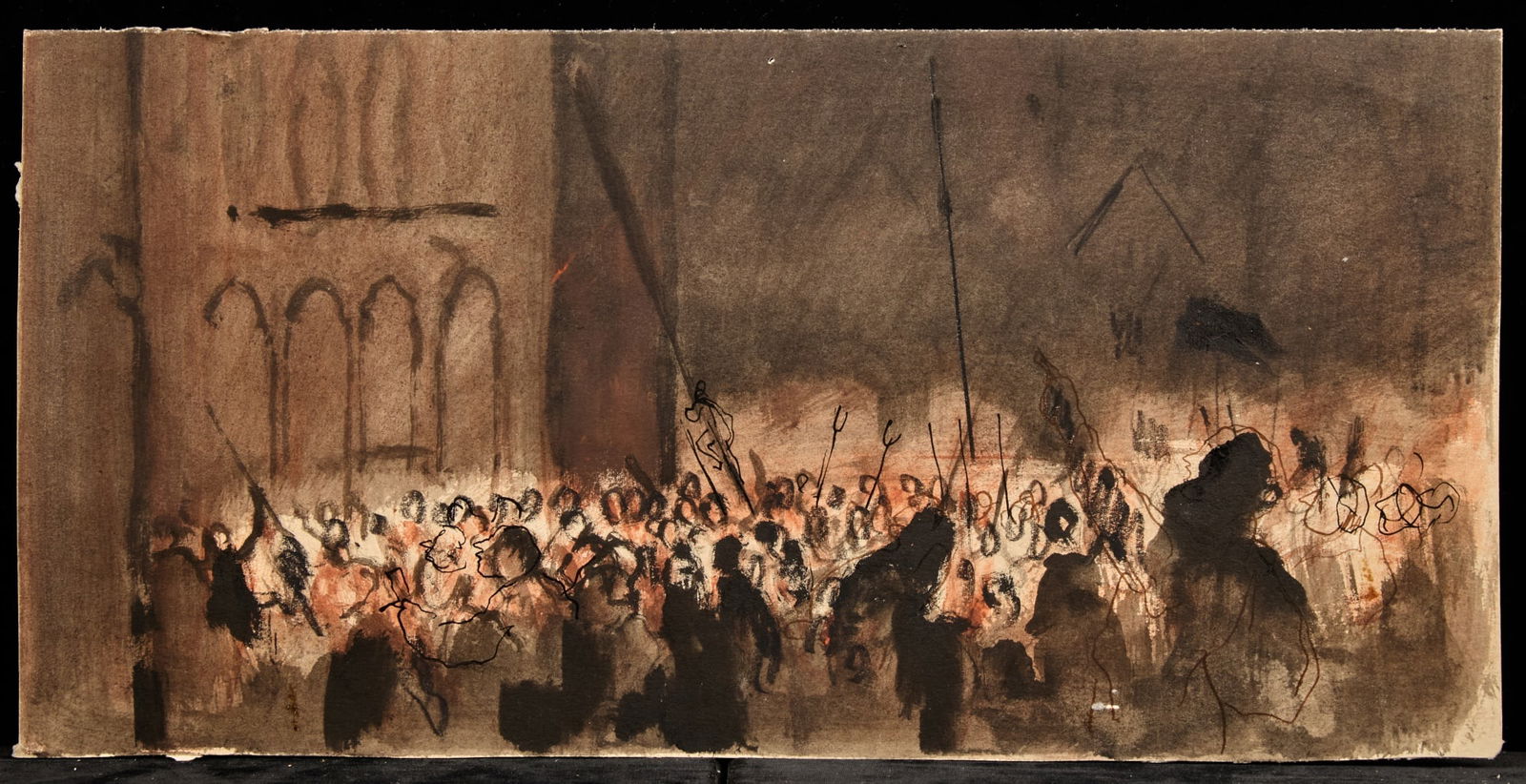 ANGRY CROWD / HUNCHBACK SERIES - BERNARD LAMOTTE: Watercolor and ink wash on paper 7 1/4 x 14 3/4 inches. estate stamp Condition: Good Temp No 216