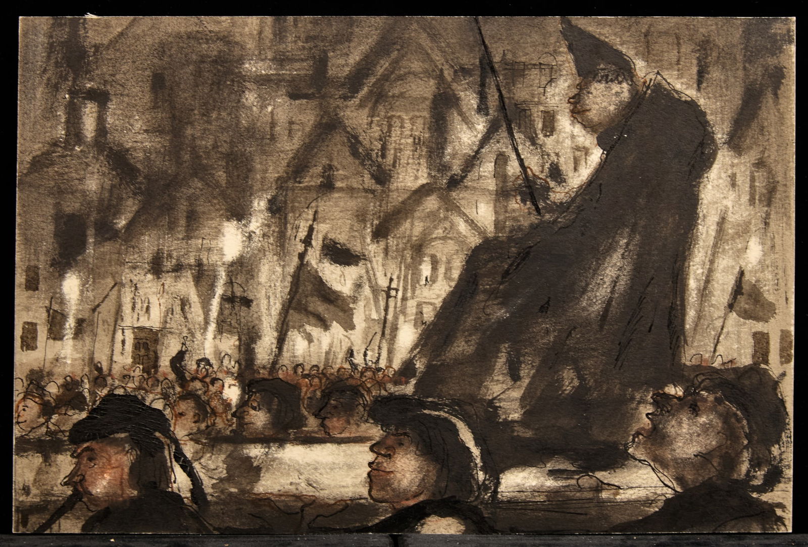 FEAST of FOOLS /HUNCHBACK SERIES - BERNARD LAMOTTE: Watercolor and ink wash on paper 7 1/4 x 11 inches. estate stamp Condition: Good Temp No 217