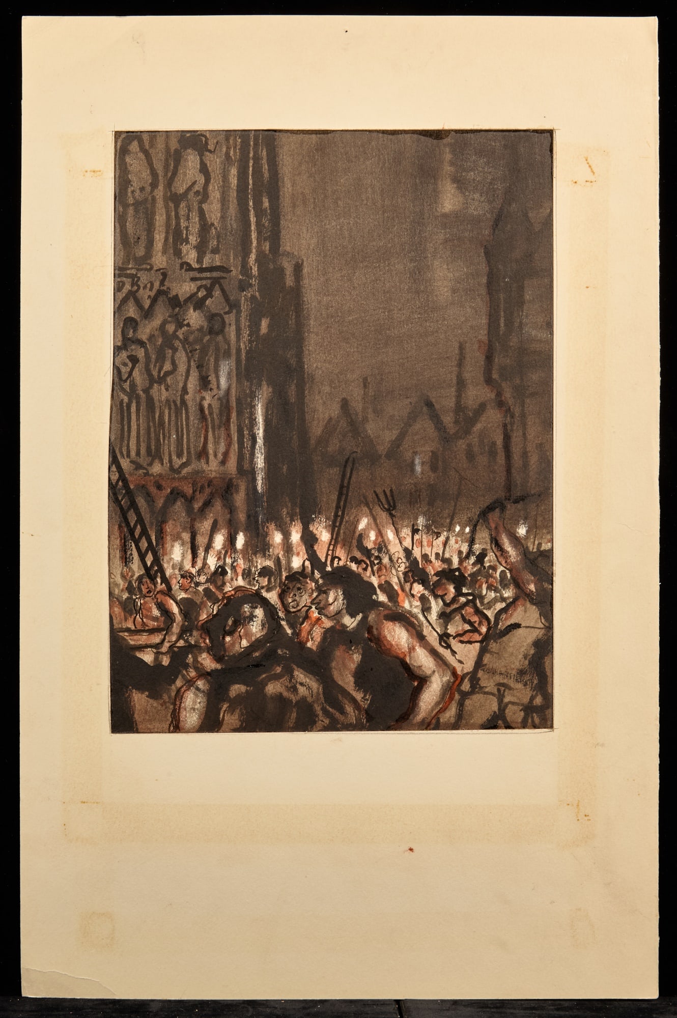 ANGRY CROWD / HUNCHBACK SERIES - BERNARD LAMOTTE: Watercolor and ink wash on paper 12 x 9 inches. estate stamped. matted 20 x 12 3/4 inches (overall) Condition: Good Temp No 217