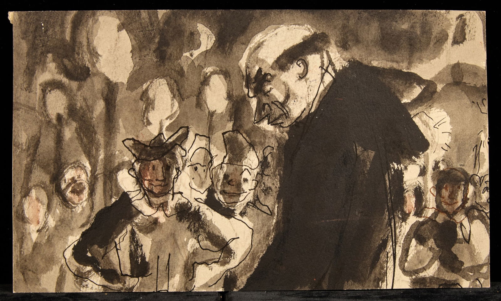 FEAST of FOOLS /HUNCHBACK SERIES - BERNARD LAMOTTE: Watercolor, pen and ink and ink wash on paper 5 1/2 x 9 1/2 inches. estate stamp Condition: Good Temp No 221