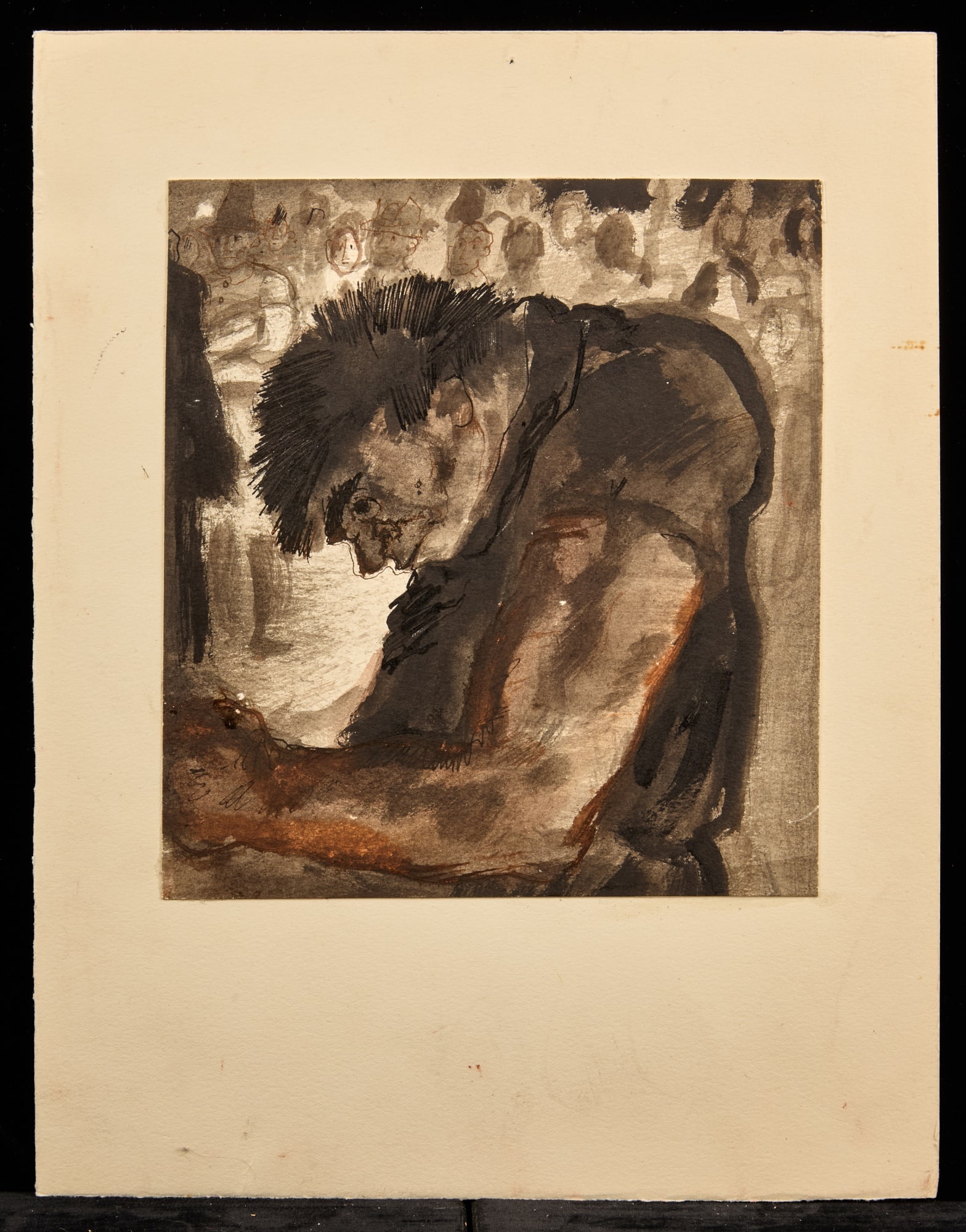 QUASIMODO / HUNCHBACK SERIES - BERNARD LAMOTTE: Watercolor and ink wash on paper 8 x 7 1/4 inches. estate stamp. laid to mat 12 3/4 x 10 inches (overall) Condition: Good Temp No 222