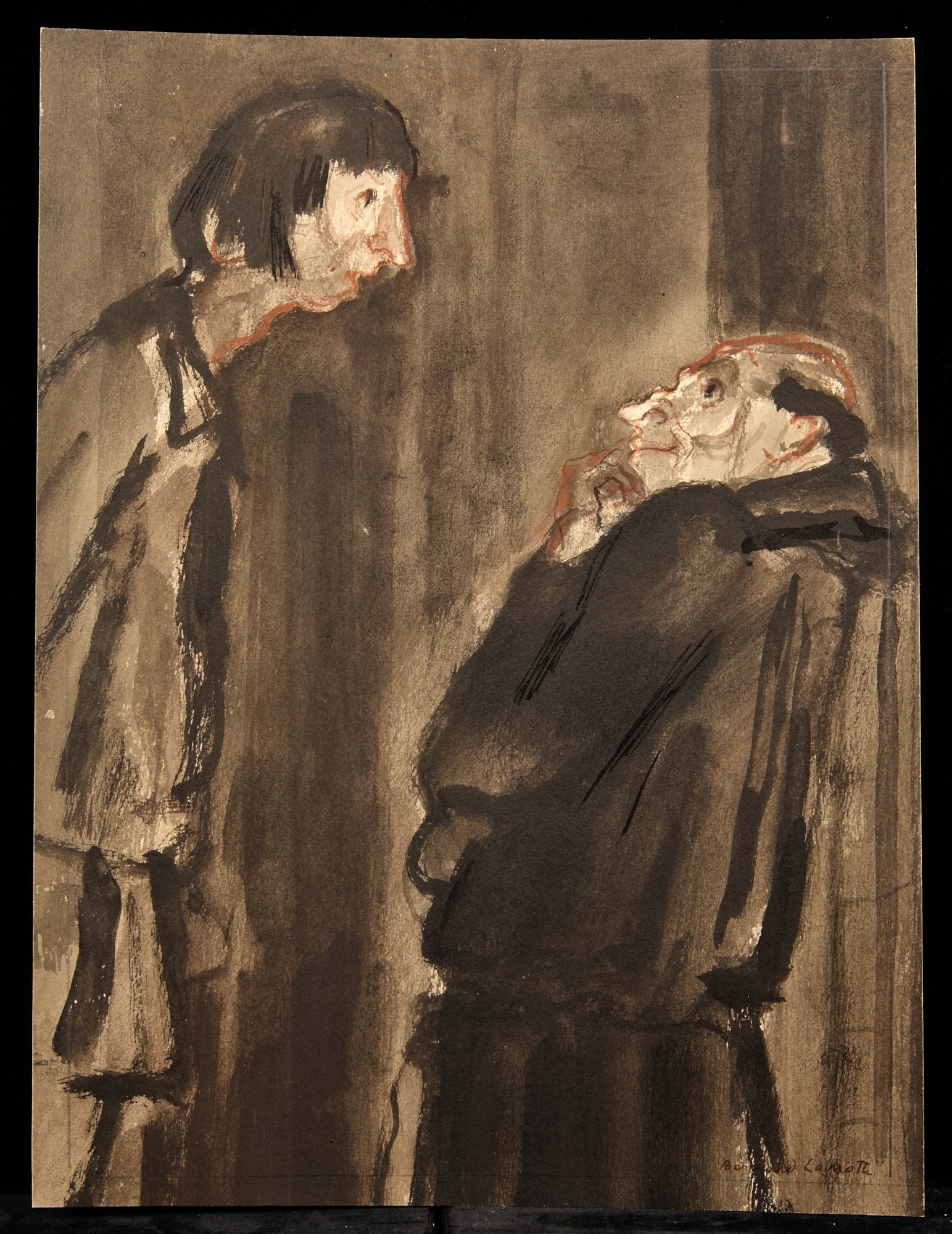 CLAUDE FROLLO / HUNCHBACK SERIES - BERNARD LAMOTTE: Watercolor and ink wash on paper 13 x 10 inches. signed, annotated verso. Condition: Good, pencil crop margin Temp No 236