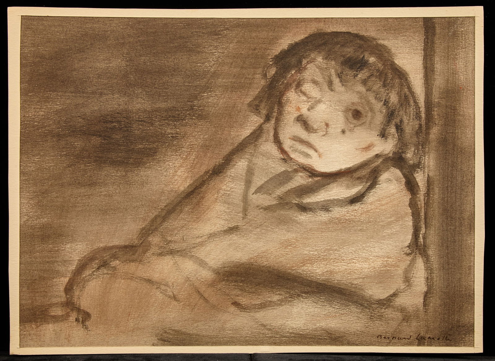 "CHILD FINDS "/ HUNCHBACK SERIES - BERNARD LAMOTTE: Watercolor and ink wash on paper 10 x 13 1/2 inches. signed, annotated verso. Condition: Good, mat glued to support Temp No 241