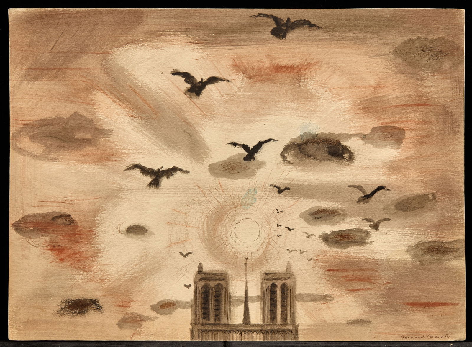 "FIN" / HUNCHBACK SERIES - BERNARD LAMOTTE: Watercolor and ink wash on paper 10 1/2 x 14 1/2 inches. signed, annotated verso. Condition: Good Temp No 245