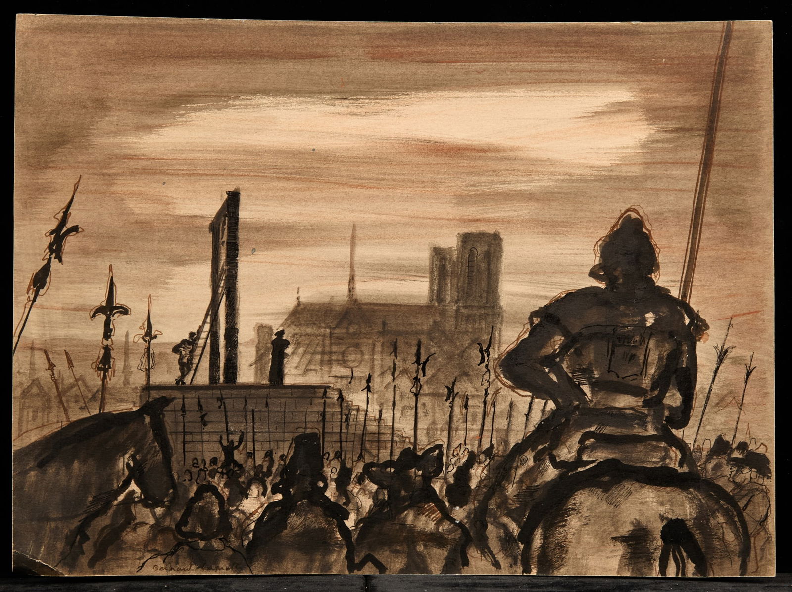 THE GUILLOTINE/ HUNCHBACK SERIES - BERNARD LAMOTTE: Watercolor and ink wash on paper 10 3/4 x 14 1/2 inches. signed, annotated verso. Condition: Good, lower left corner bent Temp No 248