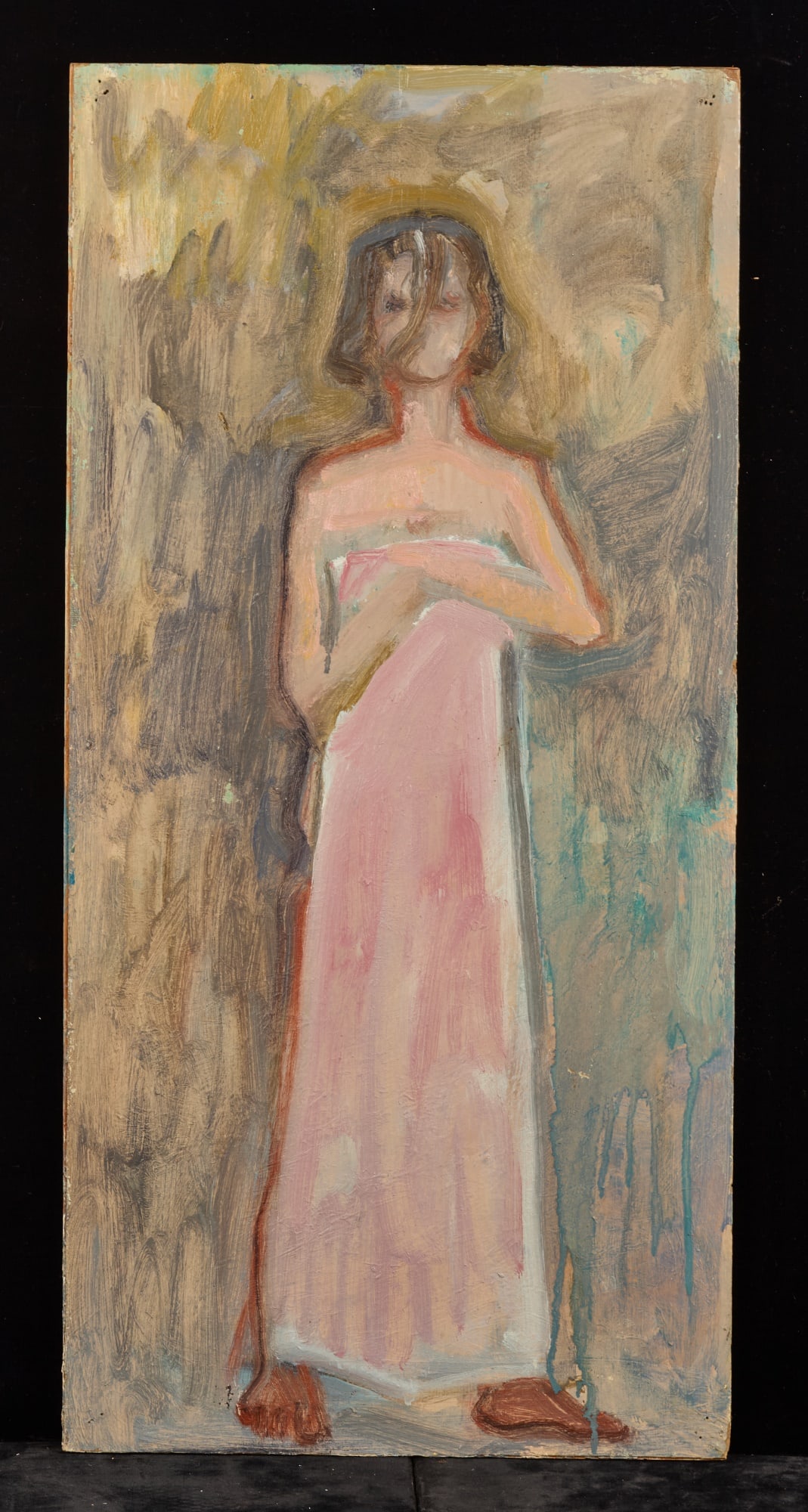 WOMAN in PINK TOWEL - BERNARD LAMOTTE: Oil on paperboard laid to strainer 25 x 12 inches. estate stamped Condition: Overall good, minor puncture, tack holes Temp No 260