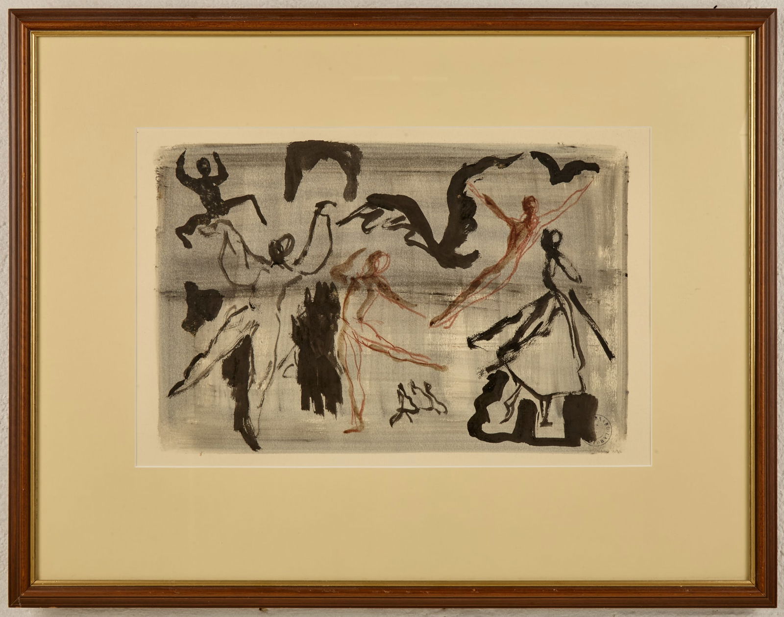 BALLET GESTURE SKETCHES - BERNARD LAMOTTE: Watercolor, ink wash and conte crayon. 11 x 17 inches. estate stamped . framed 21 1/2 x 27 1/2 inches (overall) Condition: Good Temp No 270