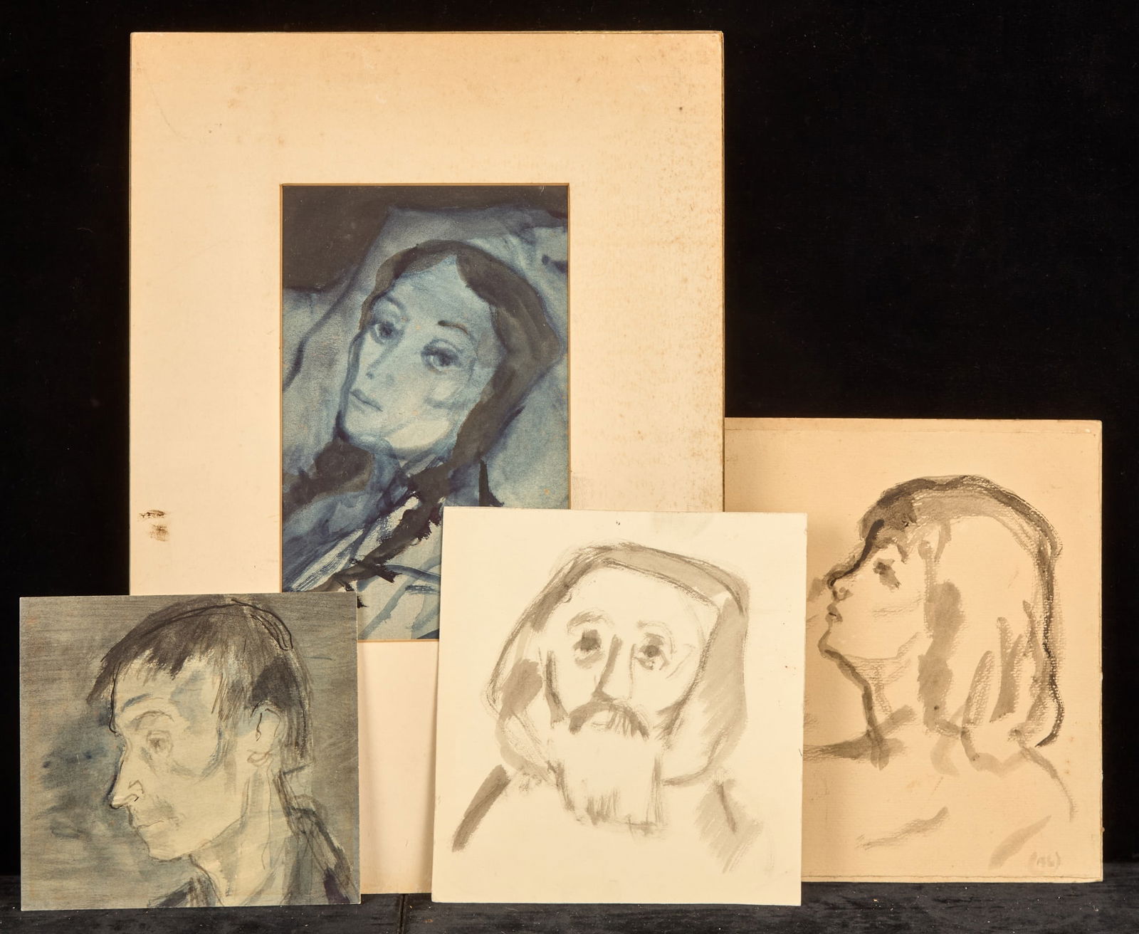 FIGURES / (4) WORKS - BERNARD LAMOTTE: Watercolor and ink wash on paper and paper board 9 x 5 1/2 inches (and smaller) blue resting woman estate stamped. 17 x 11 1/2 inches (largest mat) Condition: Toning, surface grime Temp No 287