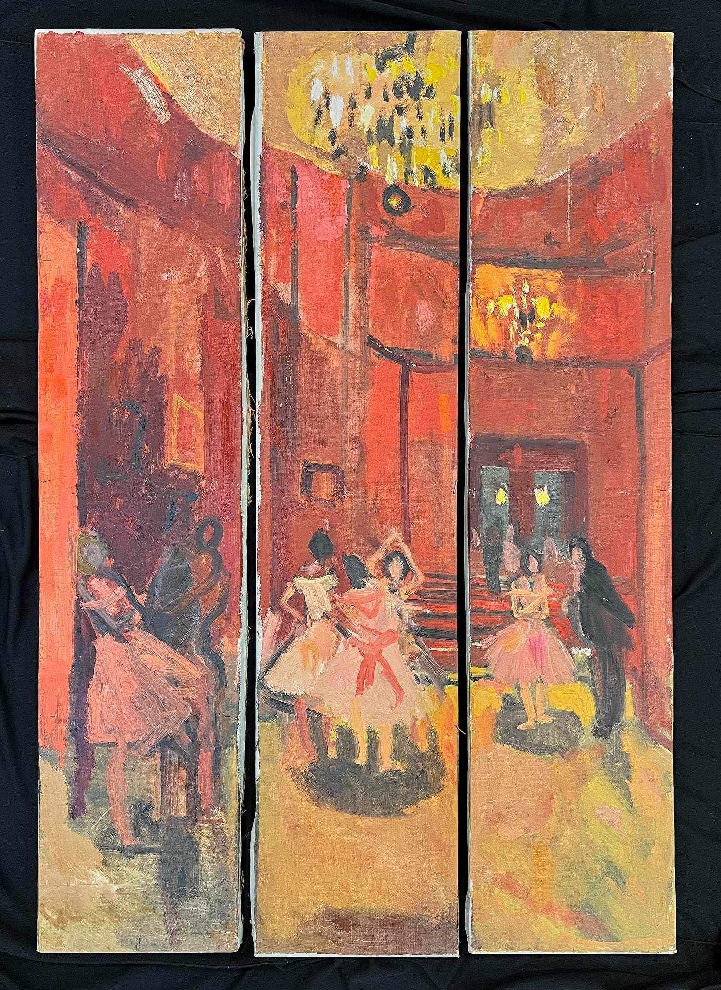 BALLET PERFORMANCE / TRIPTYCH - BERNARD LAMOTTE: Diminutive (3) panel screen. oil on canvas 51 x 11 inches (each) unsigned, not hinged . Condition: Good, minor loss to left screen Temp No 300