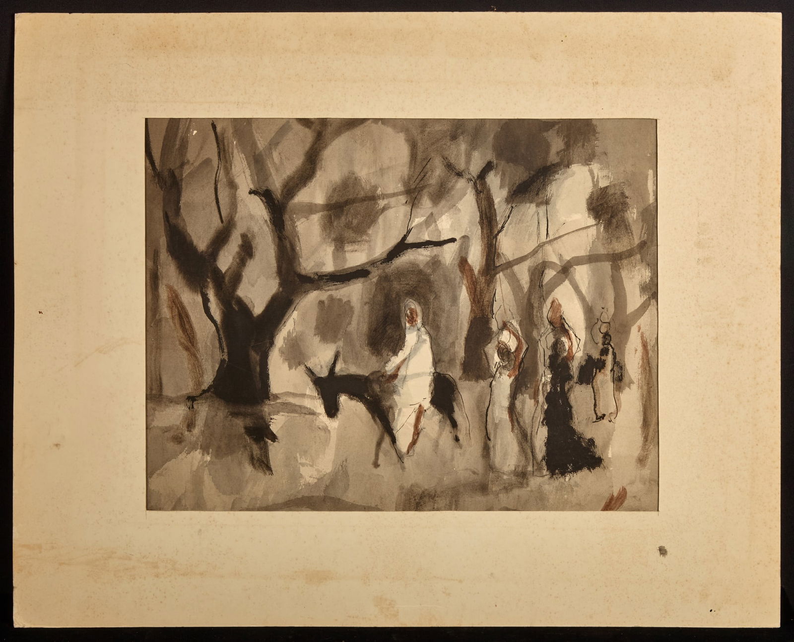 TRAVELLING with ATTENDENTS - BERNARD LAMOTTE: Ink wash and watercolor on paper. 14 x 19 inches. unsigned. matted 22 1/2 x 28 inches (overall) Condition: Good, minor loss to pigment upper left corner Temp No 302