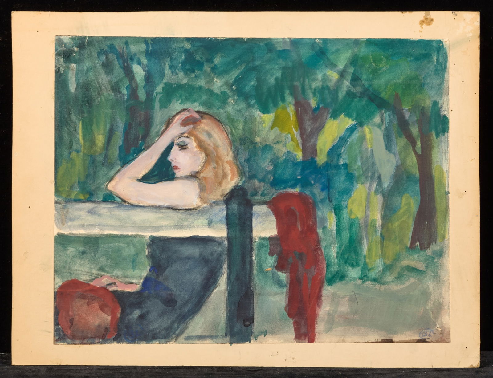 WOMAN in a PARK - BERNARD LAMOTTE (1903-1983): Gouache on paper laid to paperboard 11 1/2 x 15 inches (overall) signed. Condition: Good Temp No 303