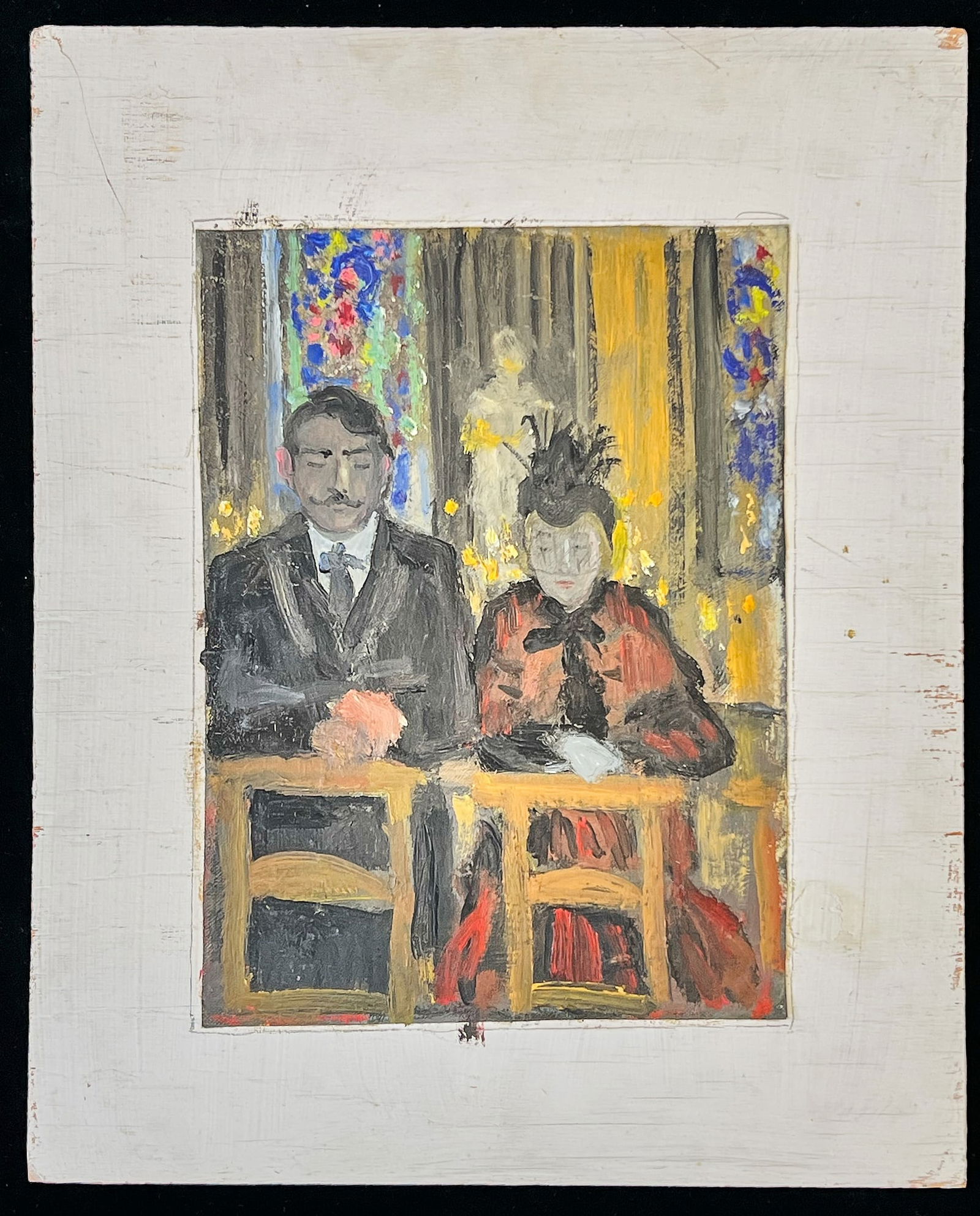 THE KNEELING FAITHFULL - BERNARD LAMOTTE: Oil on canvas laid to painted plywood. 11 x 8 1/4 inches. estate stamped 16 x 13 inches (overall) Condition: Good Temp No 307a