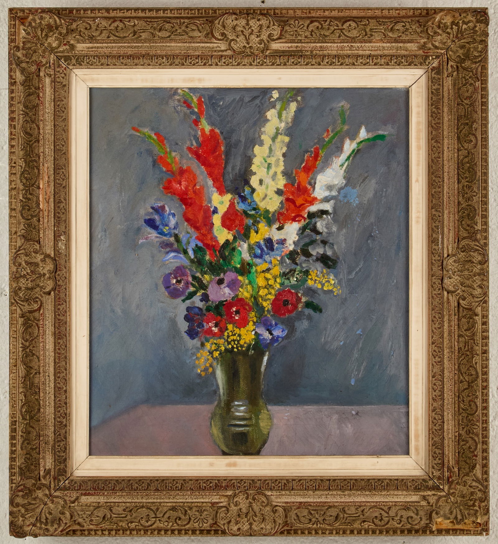 STILL LIFE with FLOWERS - BERNARD LAMOTTE: Oil on canvas 16 x 14 inches. unsigned. framed. 22 x 20 inches (overall) Condition: Flaking Temp No 310
