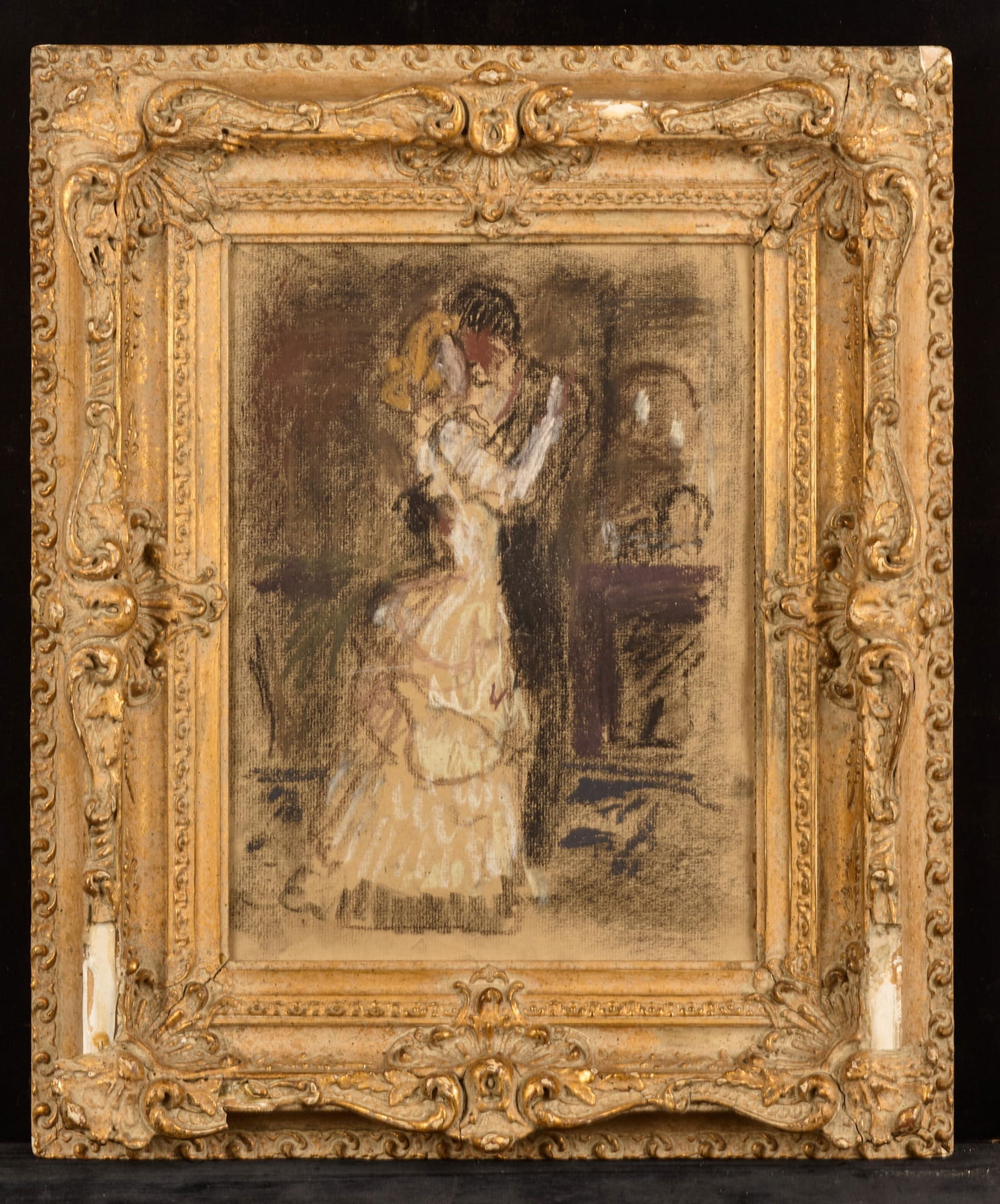 COUPLE in an EMBRACE - BERNARD LAMOTTE: Charcoal and pastel on paper. 12 x 9 inches. estate stamped. framed 18 x 15 inches (overall) Condition: Cockling, presented without glass Temp No 314