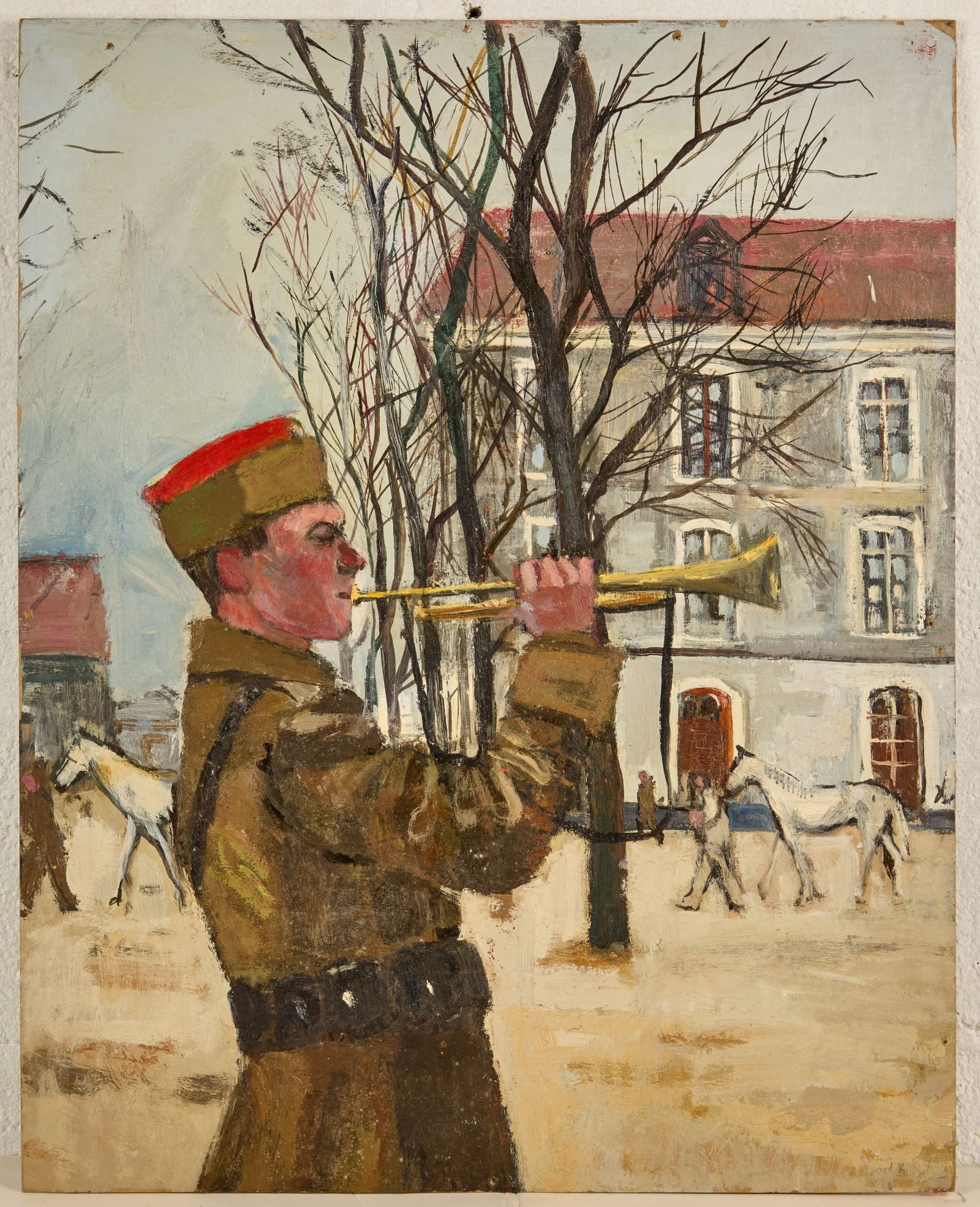 THE BUGLER - BERNARD LAMOTTE (1903-1983): Oil on paperboard 27 1/2 x 22 inches. unsigned Condition: Surface grime, tack holes along edges Temp No 326