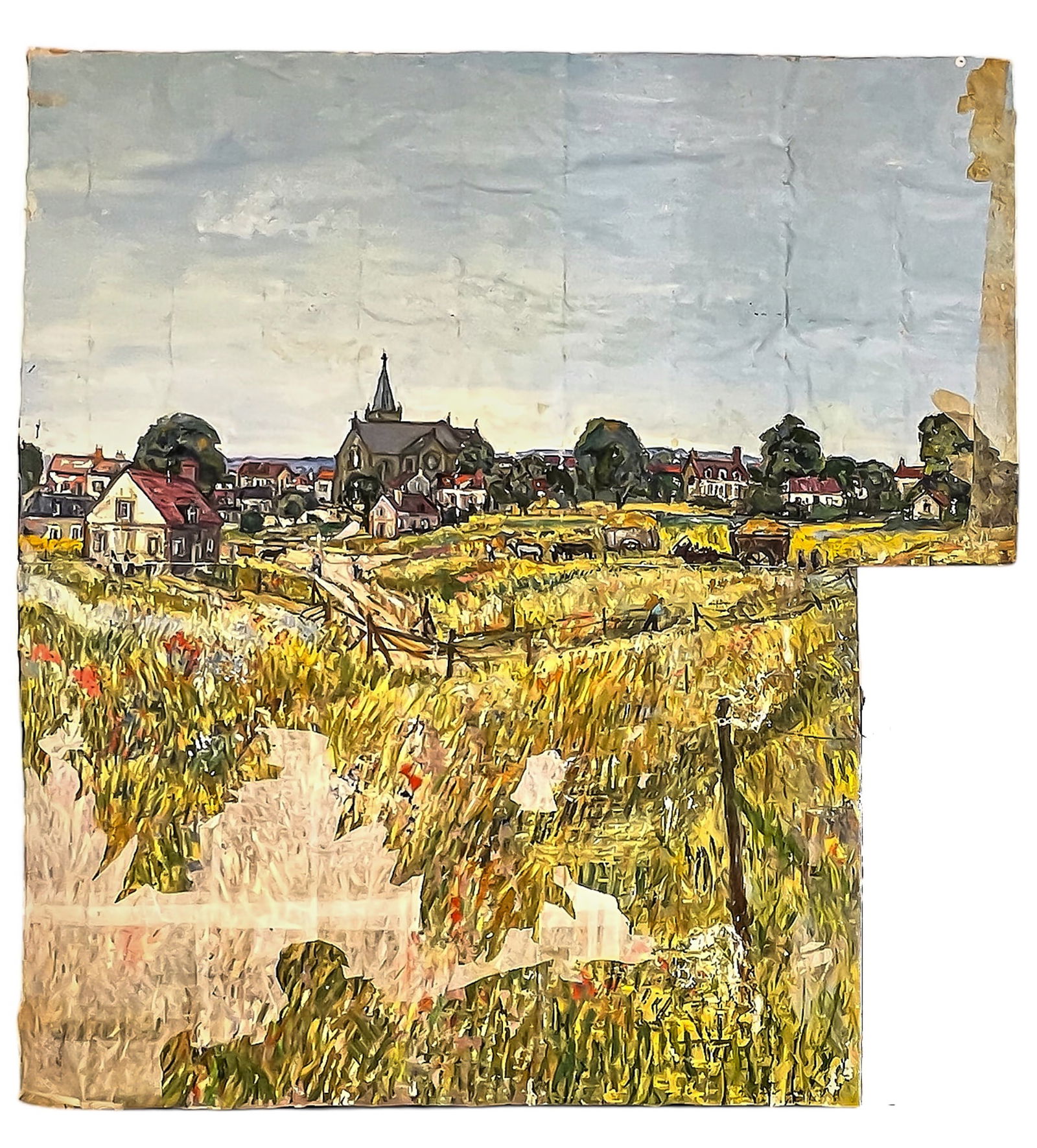 MURAL of the FRENCH COUNTRYSIDE - BERNARD LAMOTTE: On (2) Canvases. Oil on unstretched canvas 52 x 100 inches and 52 x 83 inches. Condition: Creasing, flaking, (2) sections are unequal Temp No 336