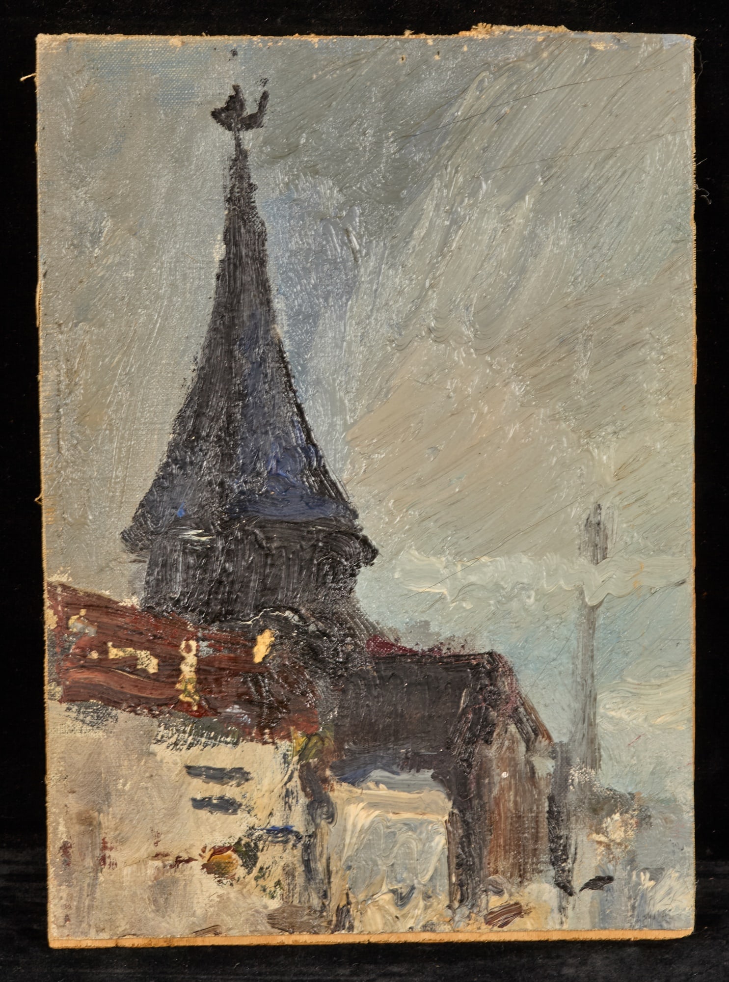 FRENCH STEEPLE - BERNARD LAMOTTE (1903-1983): Oil on canvas laid to panel. 10 x 7 1/4 inches. unsigned. Condition: Good Temp No 344