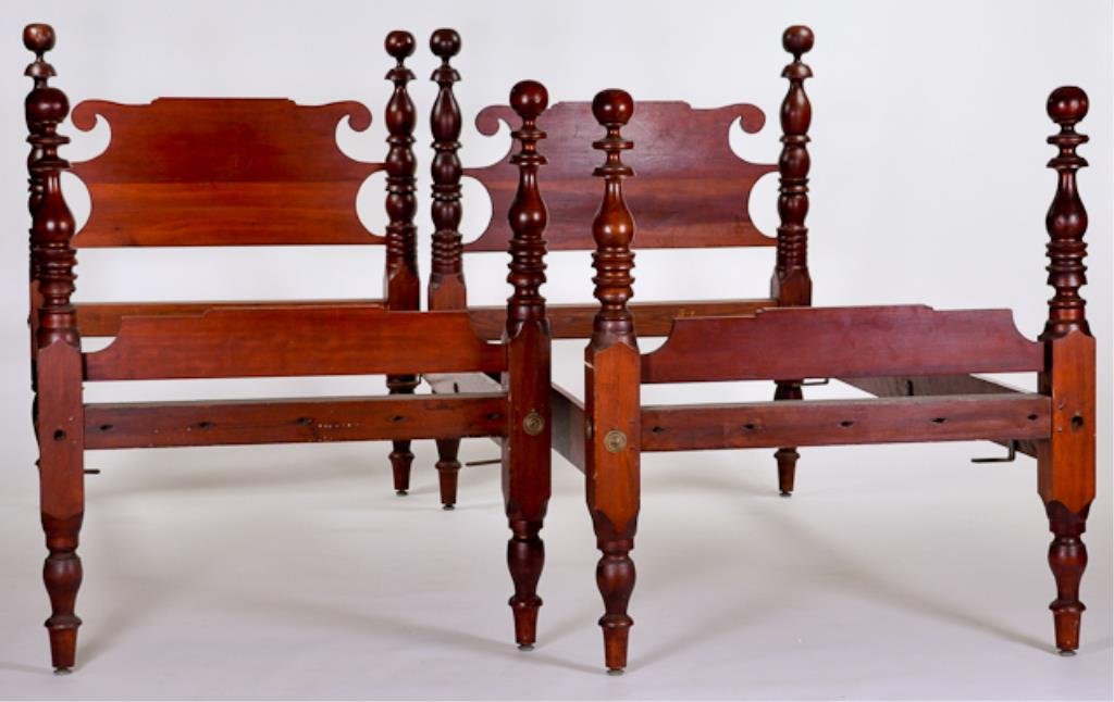 Pair of Maple and Cherry Cannon Ball Twin Beds: with modified rails. 52"h. Condition: minor surface abrasions
