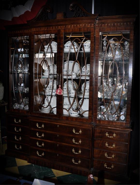 Henredon Breakfront: glass top, lighted glass shelves, fretwork crests, twelve drawers. 78"w x 91 1/2"h. Condition: good, minor surface abrasions